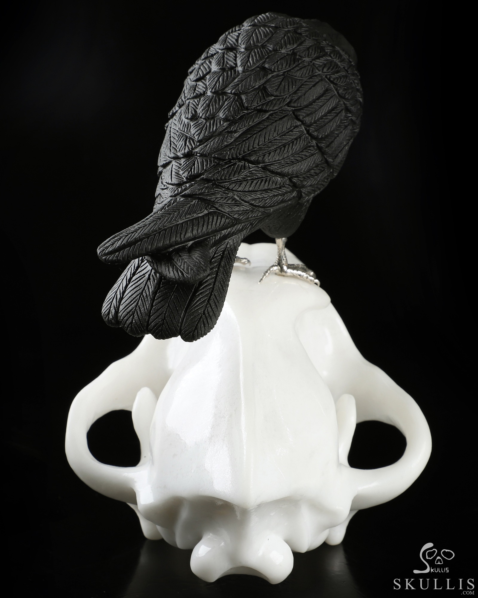 7.5" White Jade Hand Carved Crystal Wolf Skull and Raven with Opal Sculpture, Crystal Healing 7.5" White Jade Hand Carved Crystal Wolf Skull and Raven with Opal Sculpture, Crystal Healing