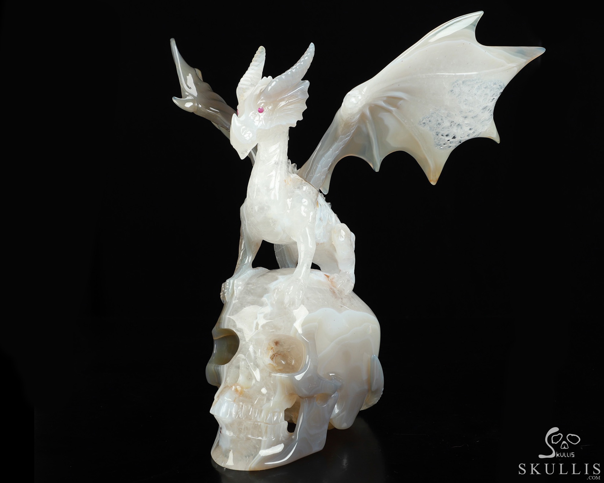9.8" Premium Brazilian Agate Hand Carved Crystal Skull and Dragon Fine Art Sculpture, Detachable Wings, Ruby Eyes, Crystal Healing 9.8" Premium Brazilian Agate Hand Carved Crystal Skull and Dragon Fine Art Sculpture, Detachable Wings, Ruby Eyes, Crystal Healing