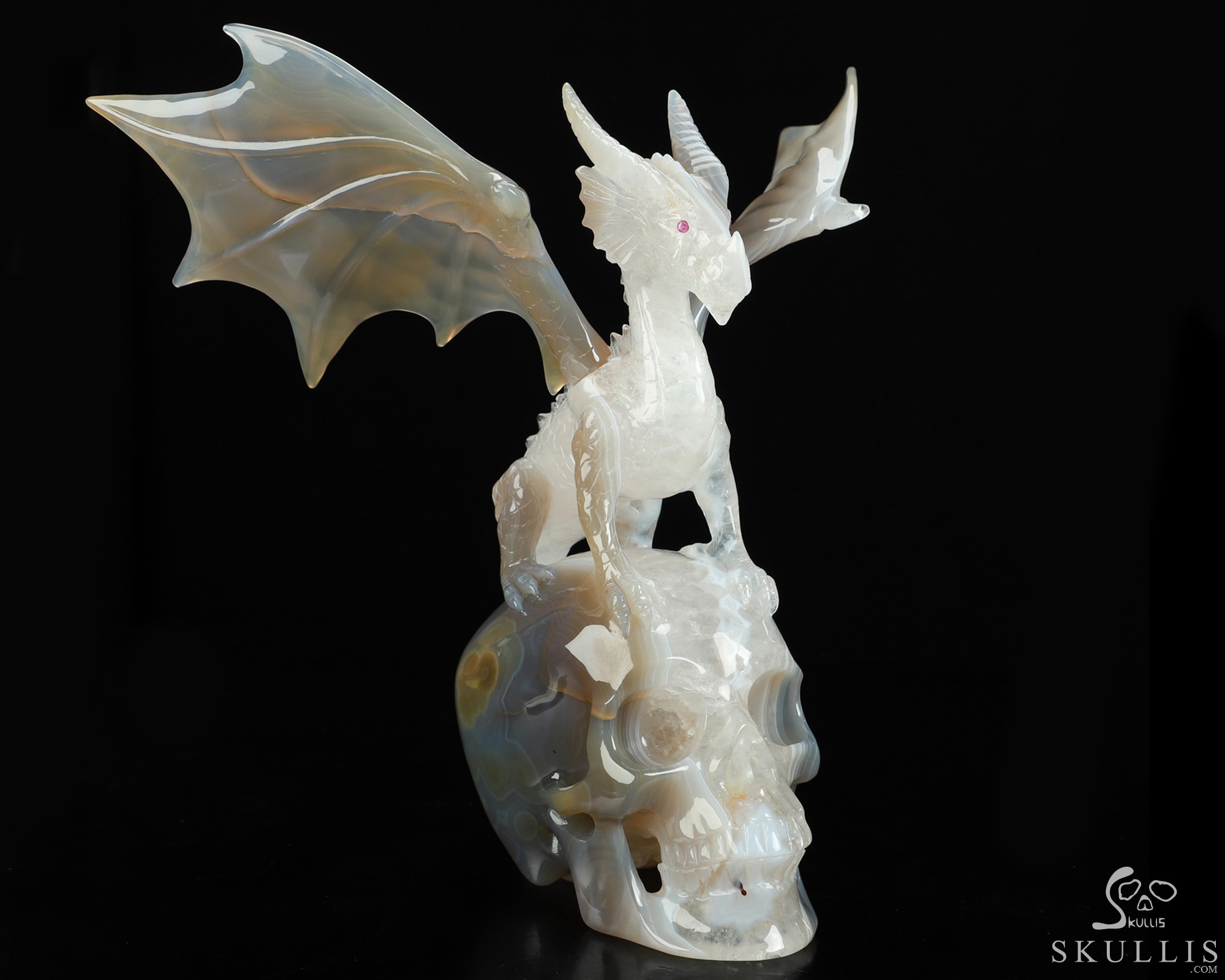9.8" Premium Brazilian Agate Hand Carved Crystal Skull and Dragon Fine Art Sculpture, Detachable Wings, Ruby Eyes, Crystal Healing 9.8" Premium Brazilian Agate Hand Carved Crystal Skull and Dragon Fine Art Sculpture, Detachable Wings, Ruby Eyes, Crystal Healing