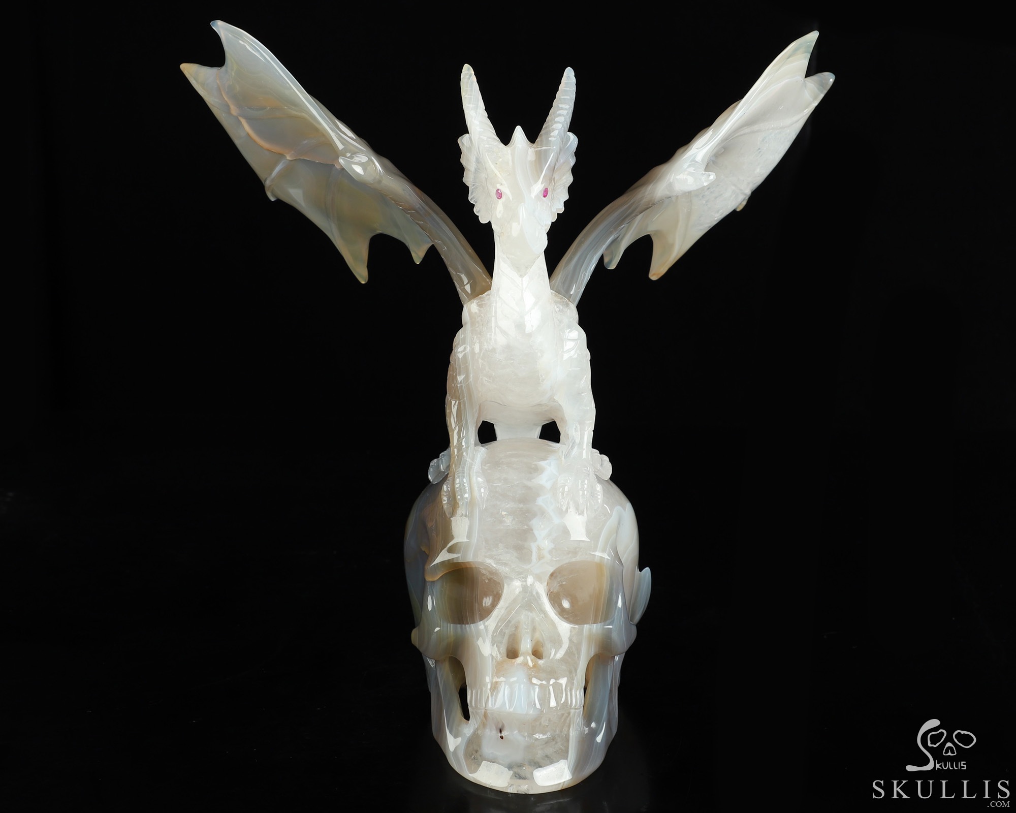 9.8" Premium Brazilian Agate Hand Carved Crystal Skull and Dragon Fine Art Sculpture, Detachable Wings, Ruby Eyes, Crystal Healing 9.8" Premium Brazilian Agate Hand Carved Crystal Skull and Dragon Fine Art Sculpture, Detachable Wings, Ruby Eyes, Crystal Healing