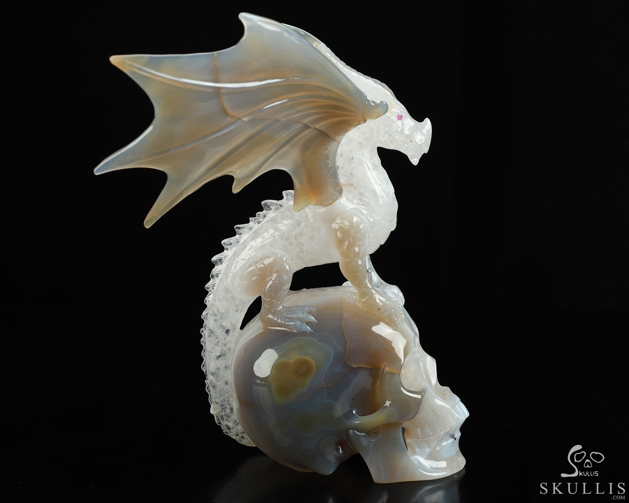 9.8" Premium Brazilian Agate Hand Carved Crystal Skull and Dragon Fine Art Sculpture, Detachable Wings, Ruby Eyes, Crystal Healing 9.8" Premium Brazilian Agate Hand Carved Crystal Skull and Dragon Fine Art Sculpture, Detachable Wings, Ruby Eyes, Crystal Healing