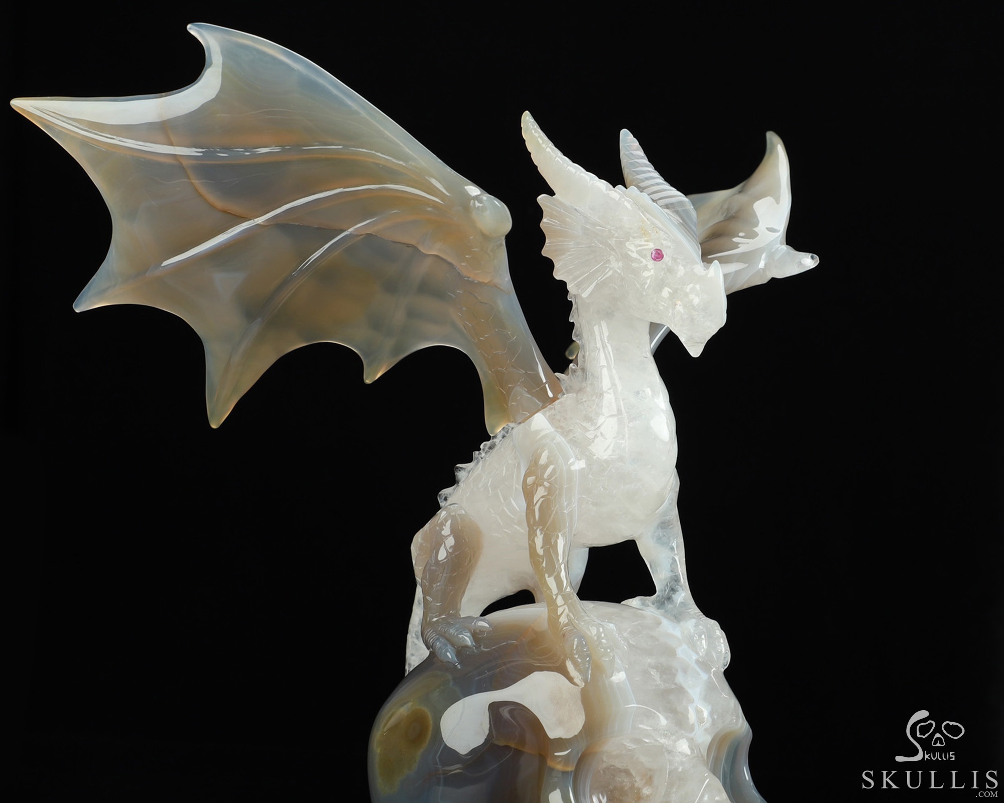 9.8" Premium Brazilian Agate Hand Carved Crystal Skull and Dragon Fine Art Sculpture, Detachable Wings, Ruby Eyes, Crystal Healing 9.8" Premium Brazilian Agate Hand Carved Crystal Skull and Dragon Fine Art Sculpture, Detachable Wings, Ruby Eyes, Crystal Healing