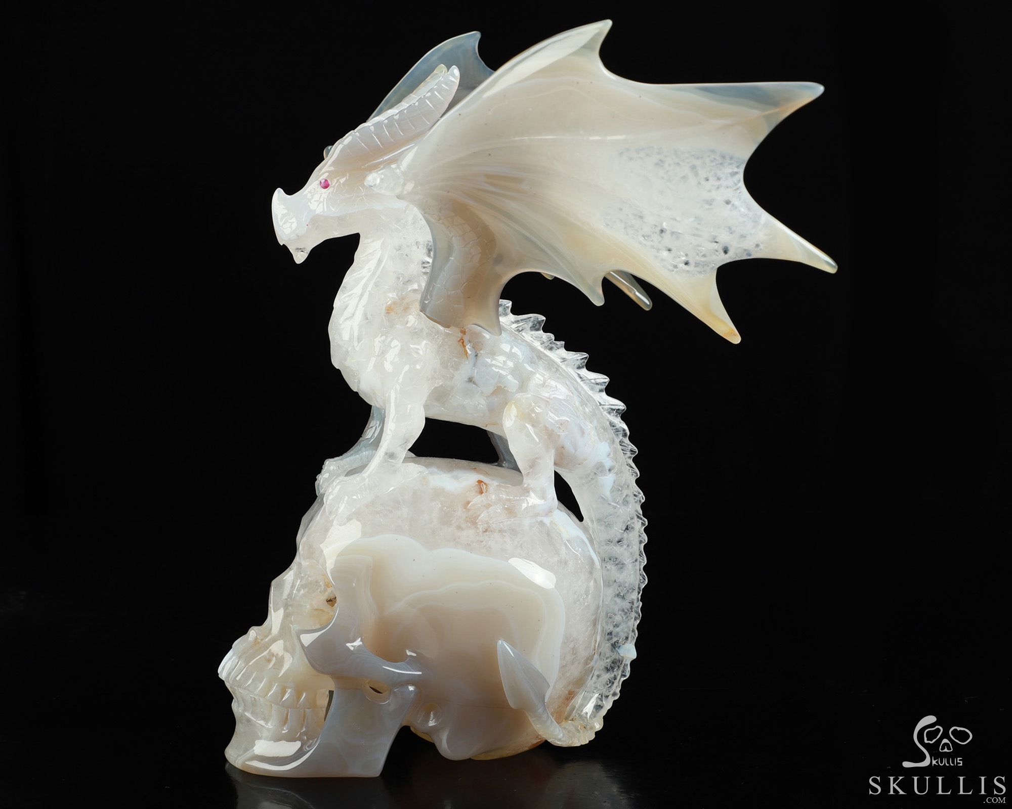 9.8" Premium Brazilian Agate Hand Carved Crystal Skull and Dragon Fine Art Sculpture, Detachable Wings, Ruby Eyes, Crystal Healing 9.8" Premium Brazilian Agate Hand Carved Crystal Skull and Dragon Fine Art Sculpture, Detachable Wings, Ruby Eyes, Crystal Healing