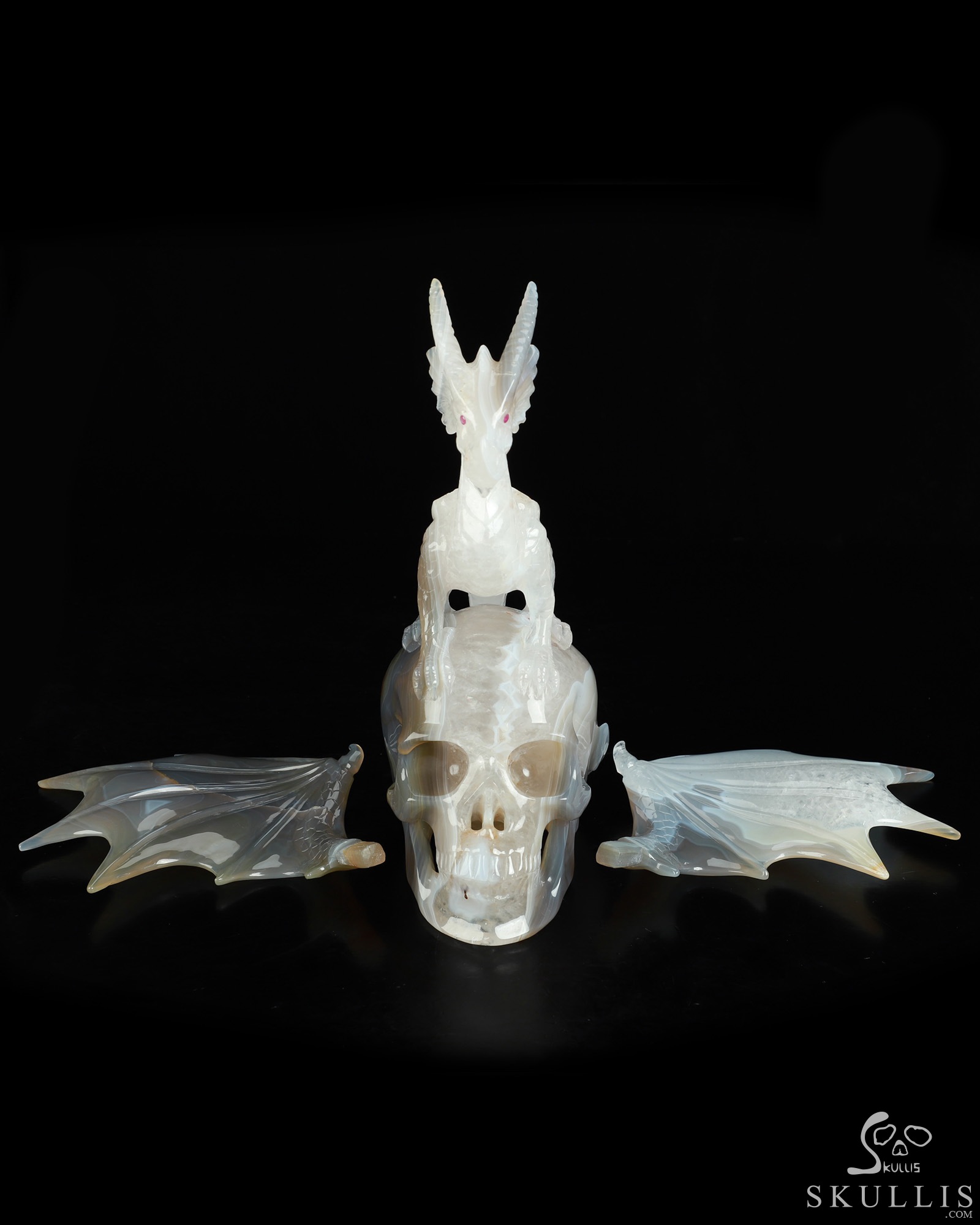 9.8" Premium Brazilian Agate Hand Carved Crystal Skull and Dragon Fine Art Sculpture, Detachable Wings, Ruby Eyes, Crystal Healing 9.8" Premium Brazilian Agate Hand Carved Crystal Skull and Dragon Fine Art Sculpture, Detachable Wings, Ruby Eyes, Crystal Healing