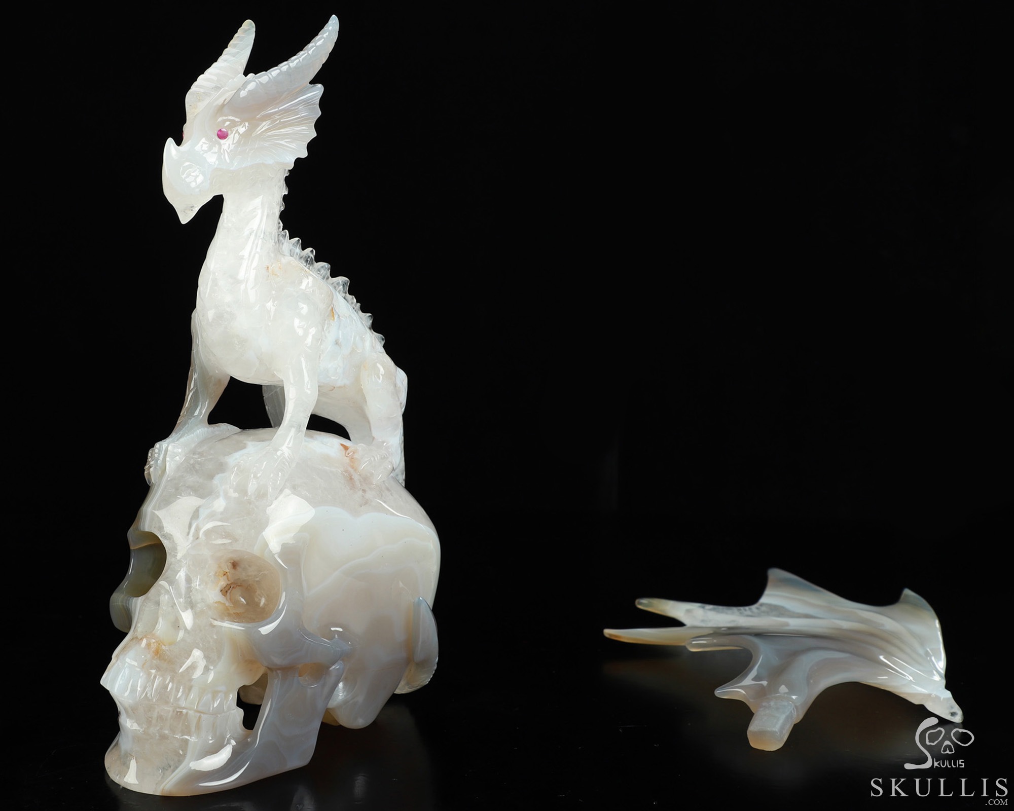9.8" Premium Brazilian Agate Hand Carved Crystal Skull and Dragon Fine Art Sculpture, Detachable Wings, Ruby Eyes, Crystal Healing 9.8" Premium Brazilian Agate Hand Carved Crystal Skull and Dragon Fine Art Sculpture, Detachable Wings, Ruby Eyes, Crystal Healing