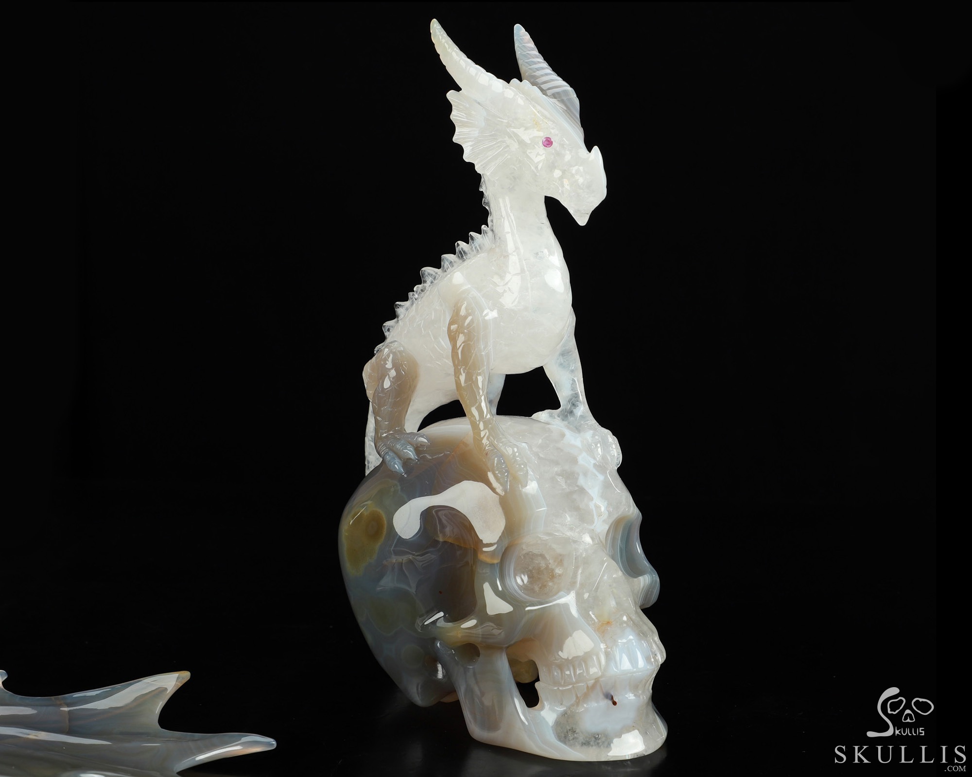 9.8" Premium Brazilian Agate Hand Carved Crystal Skull and Dragon Fine Art Sculpture, Detachable Wings, Ruby Eyes, Crystal Healing 9.8" Premium Brazilian Agate Hand Carved Crystal Skull and Dragon Fine Art Sculpture, Detachable Wings, Ruby Eyes, Crystal Healing