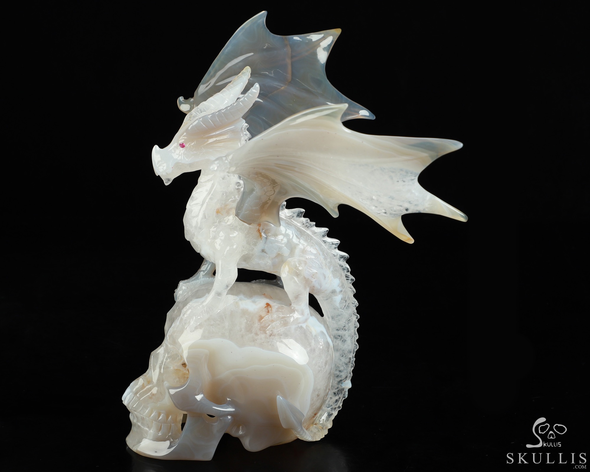9.8" Premium Brazilian Agate Hand Carved Crystal Skull and Dragon Fine Art Sculpture, Detachable Wings, Ruby Eyes, Crystal Healing 9.8" Premium Brazilian Agate Hand Carved Crystal Skull and Dragon Fine Art Sculpture, Detachable Wings, Ruby Eyes, Crystal Healing