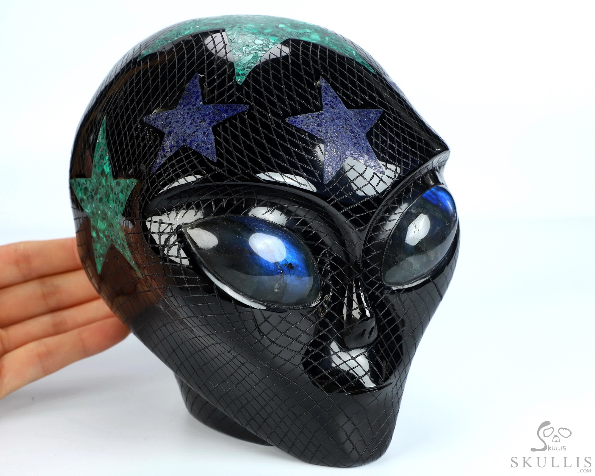 6.1" Black Obsidian Star Being Female Alien Crystal Skull with Labradorite Eyes Companion, Lapis Lazuli and Malachite Inlay 6.1" Black Obsidian Star Being Female Alien Crystal Skull with Labradorite Eyes Companion, Lapis Lazuli and Malachite Inlay