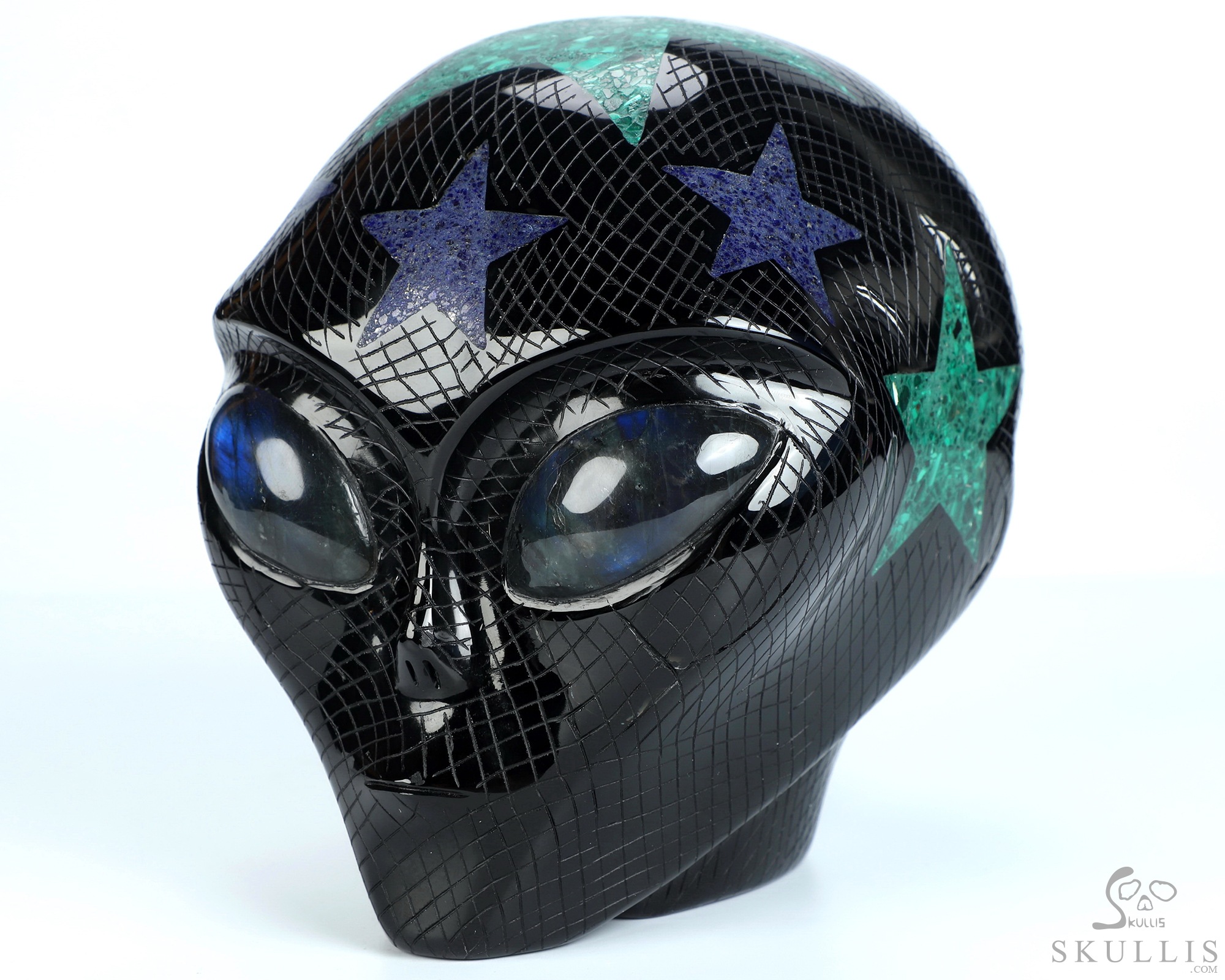 6.1" Black Obsidian Star Being Female Alien Crystal Skull with Labradorite Eyes Companion, Lapis Lazuli and Malachite Inlay 6.1" Black Obsidian Star Being Female Alien Crystal Skull with Labradorite Eyes Companion, Lapis Lazuli and Malachite Inlay