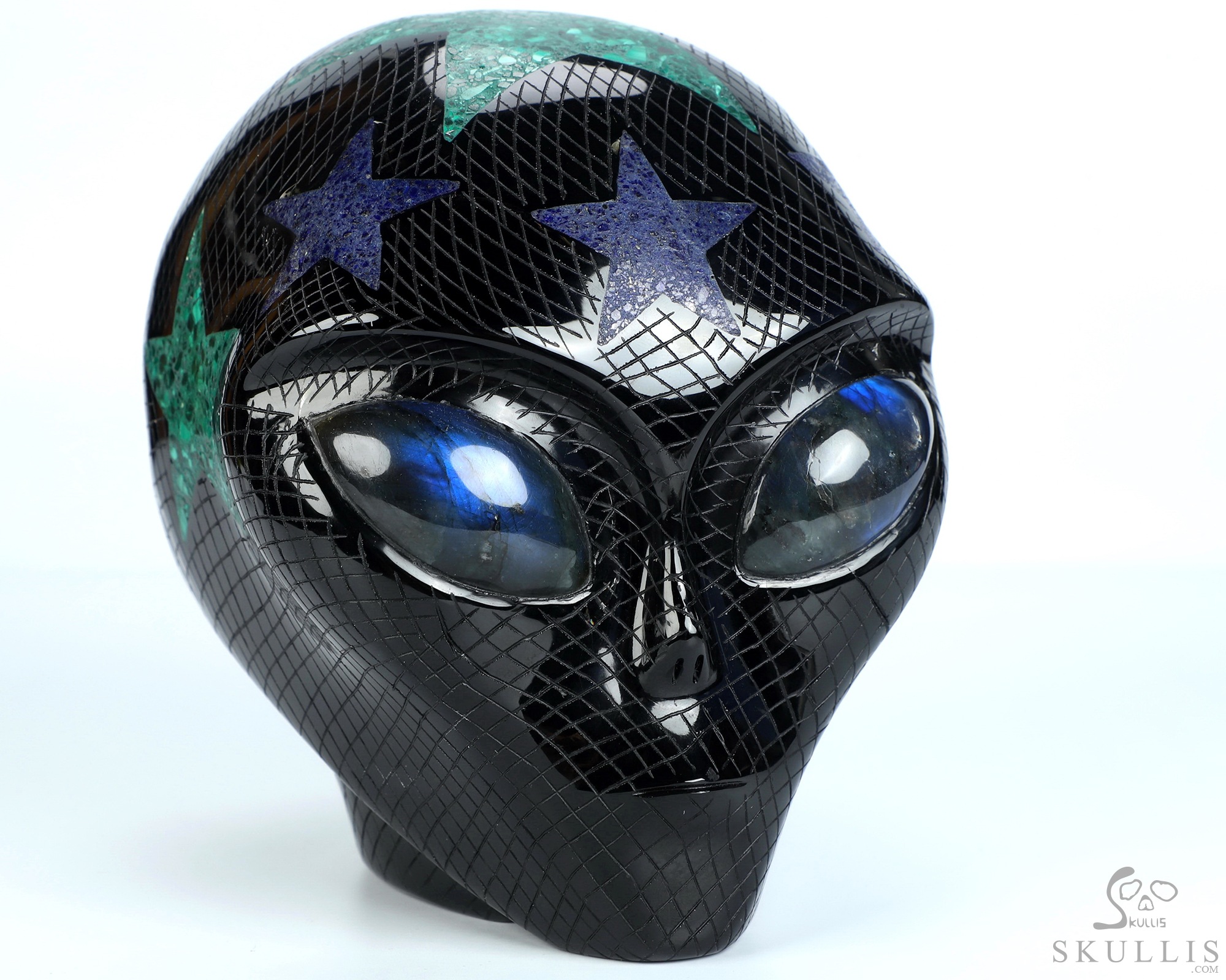 6.1" Black Obsidian Star Being Female Alien Crystal Skull with Labradorite Eyes Companion, Lapis Lazuli and Malachite Inlay 6.1" Black Obsidian Star Being Female Alien Crystal Skull with Labradorite Eyes Companion, Lapis Lazuli and Malachite Inlay