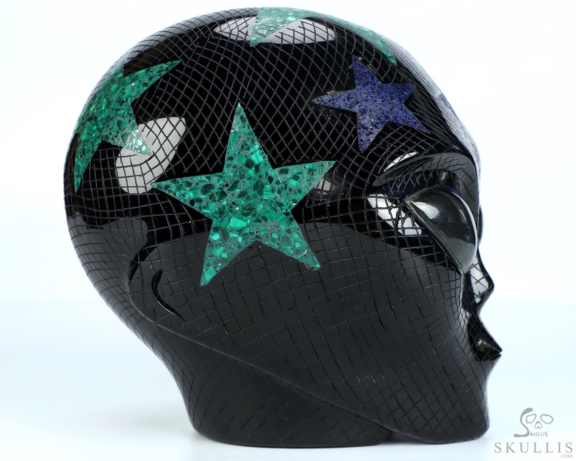 6.1" Black Obsidian Star Being Female Alien Crystal Skull with Labradorite Eyes Companion, Lapis Lazuli and Malachite Inlay 6.1" Black Obsidian Star Being Female Alien Crystal Skull with Labradorite Eyes Companion, Lapis Lazuli and Malachite Inlay