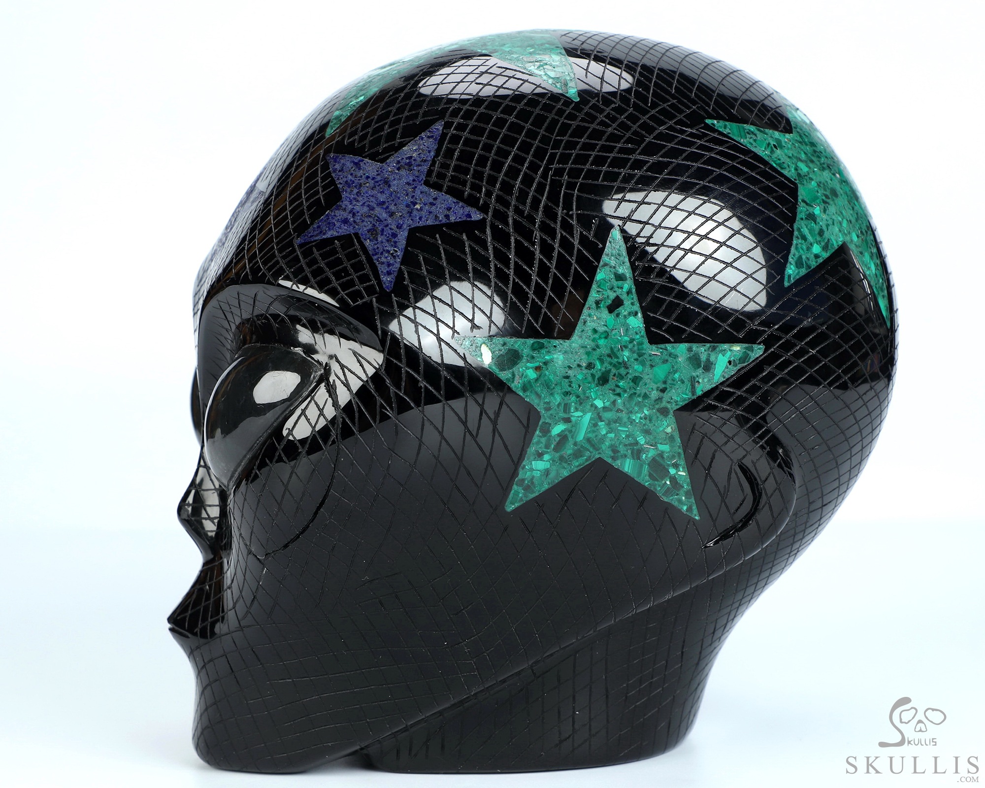 6.1" Black Obsidian Star Being Female Alien Crystal Skull with Labradorite Eyes Companion, Lapis Lazuli and Malachite Inlay 6.1" Black Obsidian Star Being Female Alien Crystal Skull with Labradorite Eyes Companion, Lapis Lazuli and Malachite Inlay