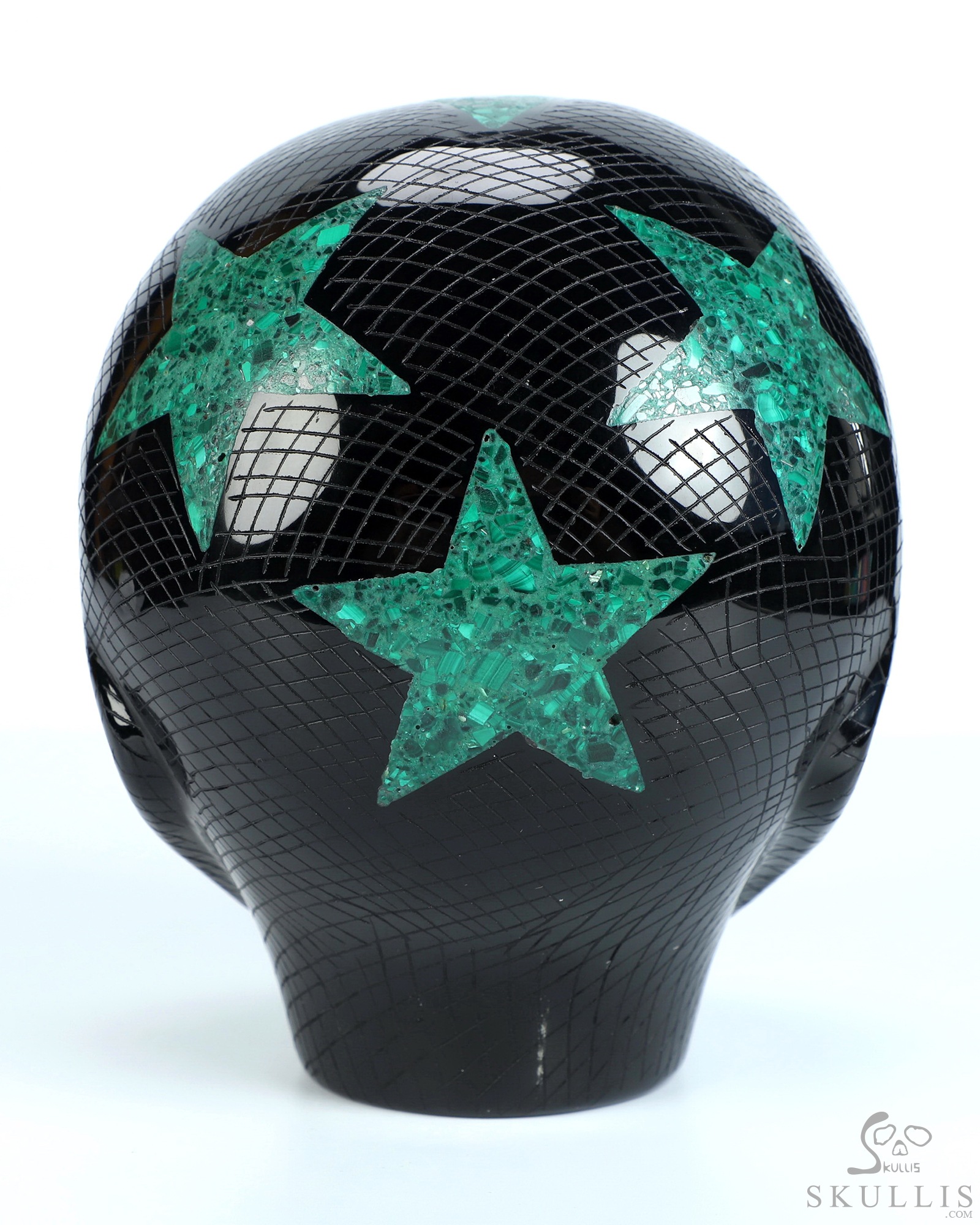 6.1" Black Obsidian Star Being Female Alien Crystal Skull with Labradorite Eyes Companion, Lapis Lazuli and Malachite Inlay 6.1" Black Obsidian Star Being Female Alien Crystal Skull with Labradorite Eyes Companion, Lapis Lazuli and Malachite Inlay