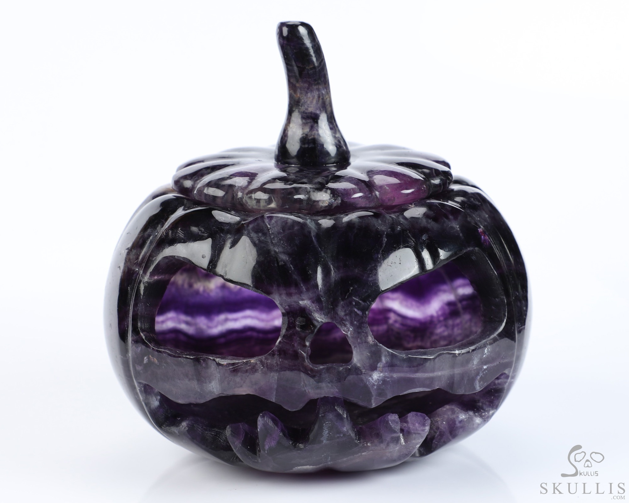 4.0" Fluorite Hand Carved Hollow Pumpkin Crystal Skull Sculpture, Crystal Healing 4.0" Fluorite Hand Carved Hollow Pumpkin Crystal Skull Sculpture, Crystal Healing