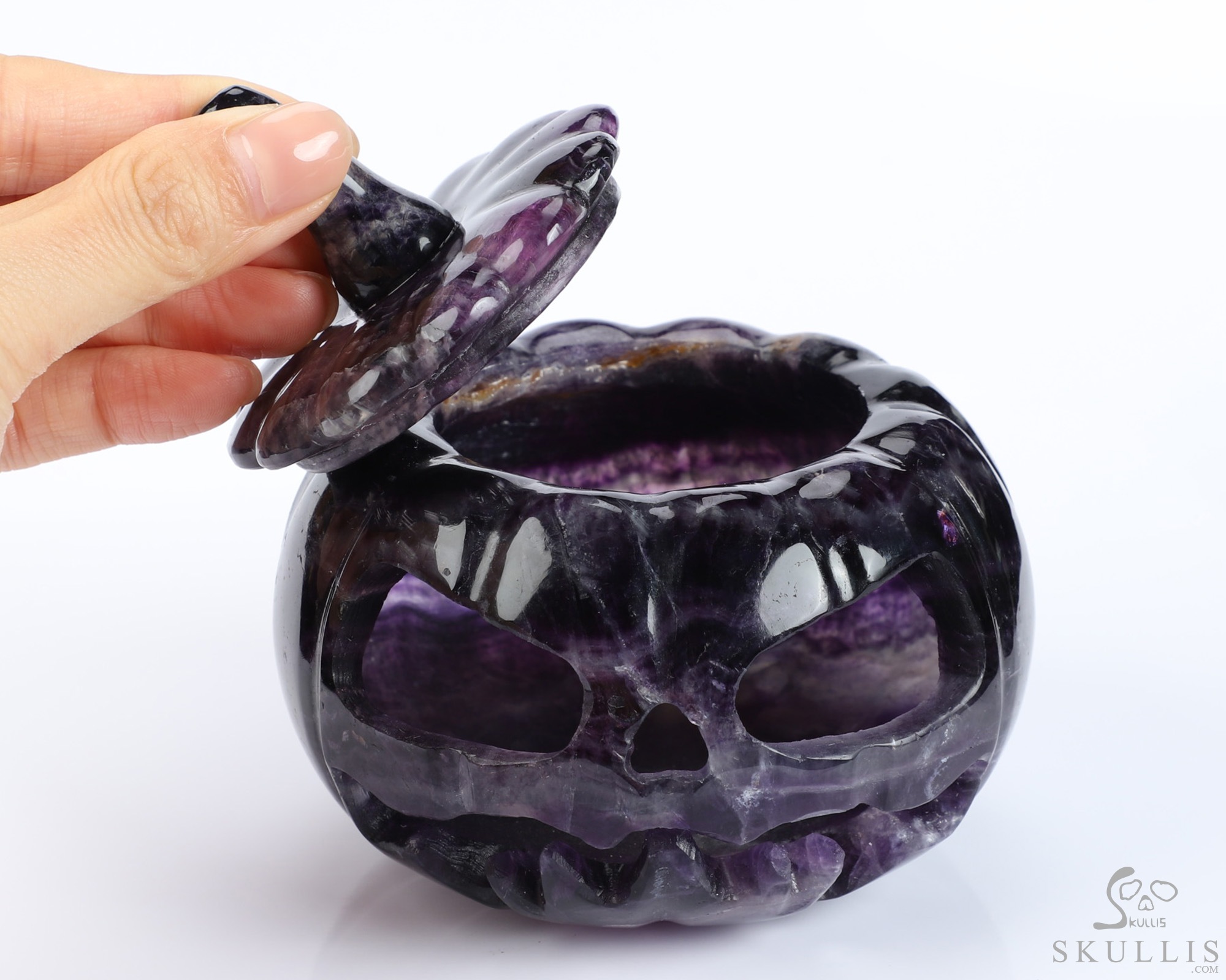 4.0" Fluorite Hand Carved Hollow Pumpkin Crystal Skull Sculpture, Crystal Healing 4.0" Fluorite Hand Carved Hollow Pumpkin Crystal Skull Sculpture, Crystal Healing