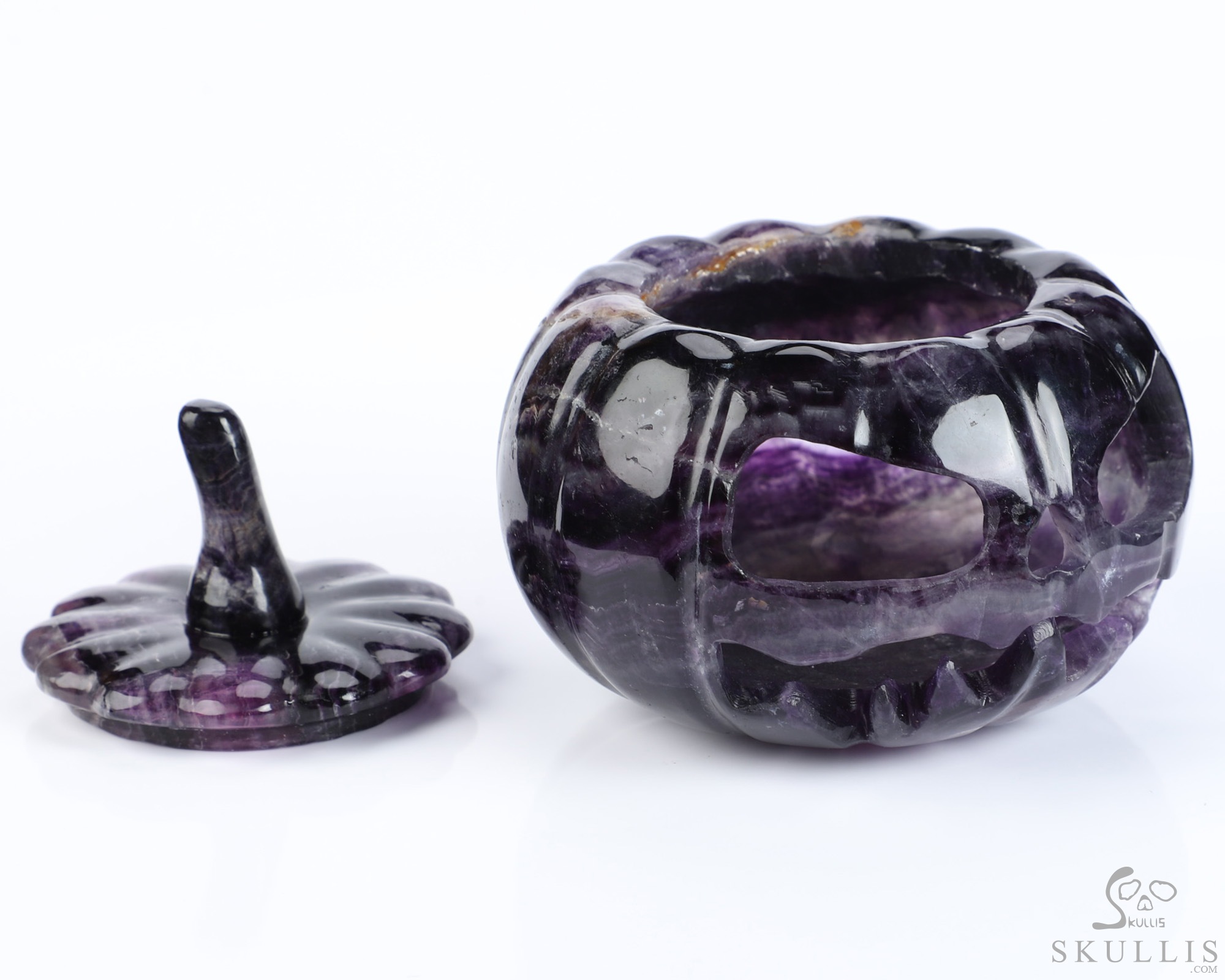 4.0" Fluorite Hand Carved Hollow Pumpkin Crystal Skull Sculpture, Crystal Healing 4.0" Fluorite Hand Carved Hollow Pumpkin Crystal Skull Sculpture, Crystal Healing