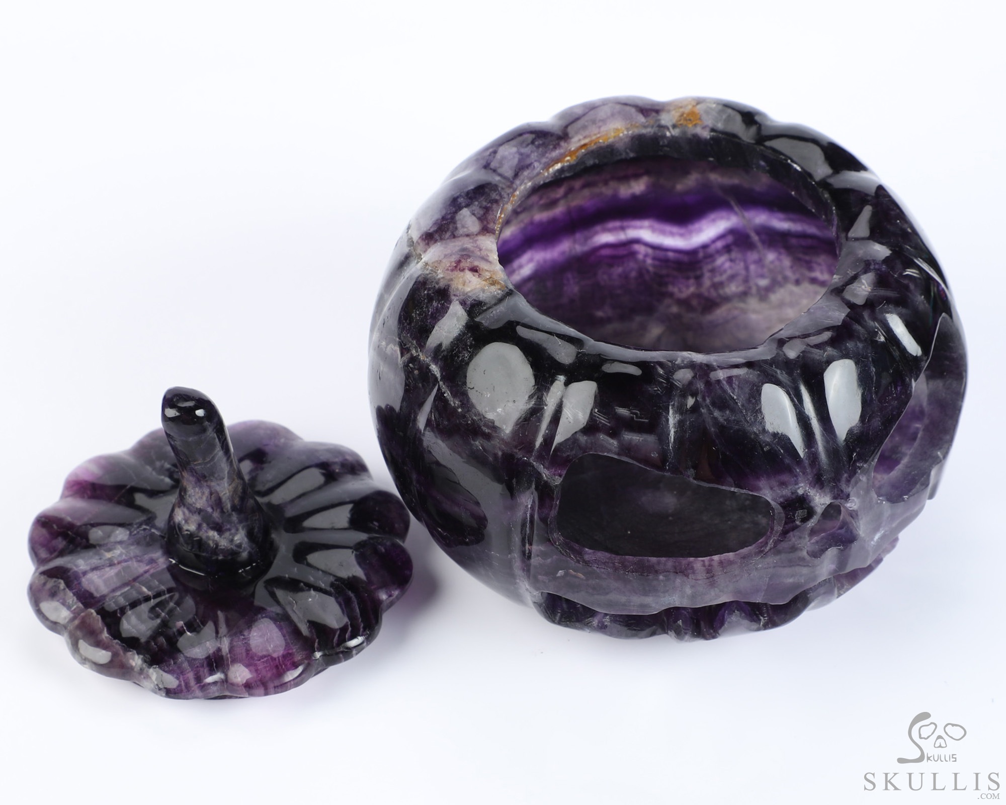 4.0" Fluorite Hand Carved Hollow Pumpkin Crystal Skull Sculpture, Crystal Healing 4.0" Fluorite Hand Carved Hollow Pumpkin Crystal Skull Sculpture, Crystal Healing