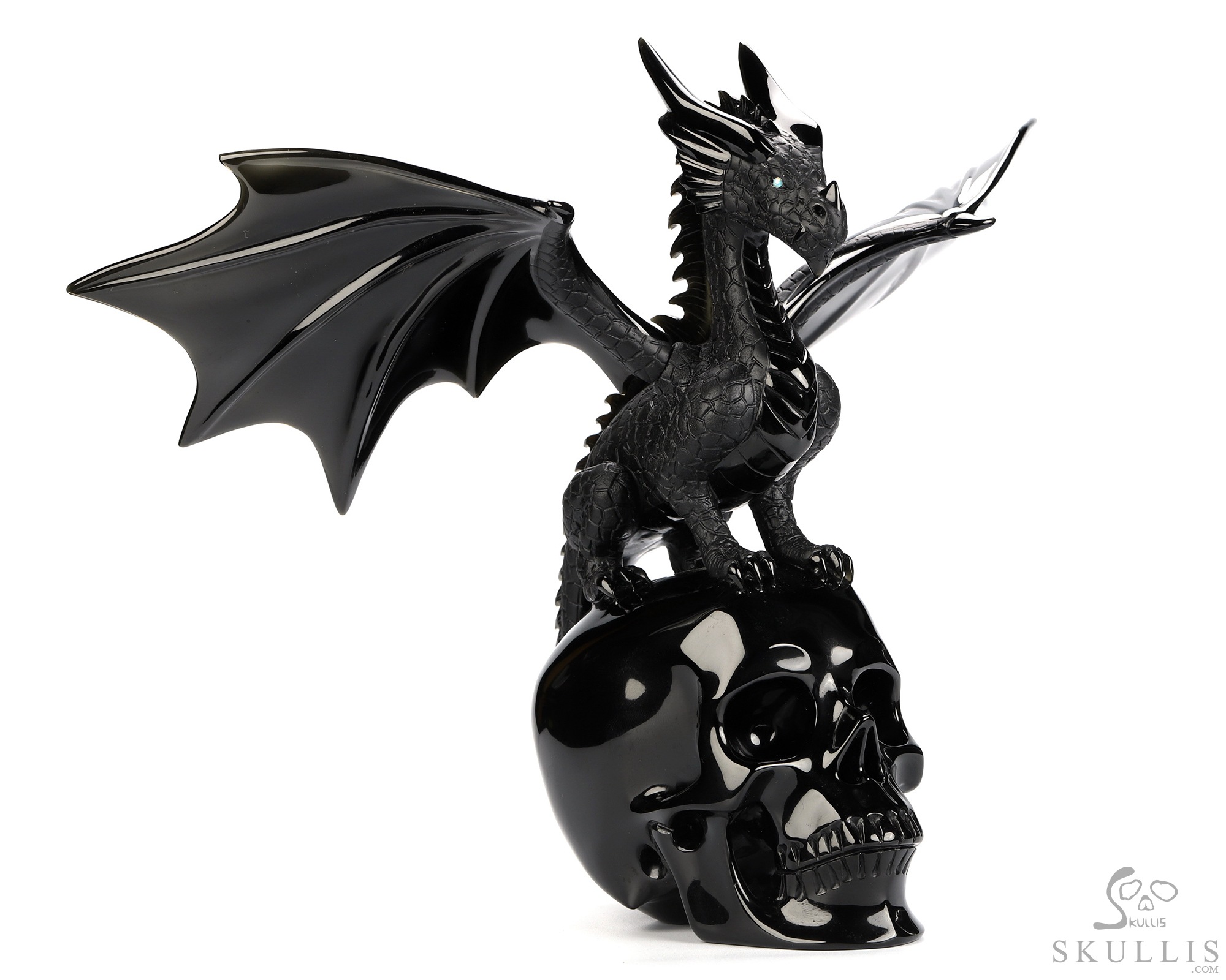 11.8" Black Obsidian Hand Carved Crystal Skull and Dragon, Detachable Wings, Fine Art Sculpture, Crystal Healing 11.8" Black Obsidian Hand Carved Crystal Skull and Dragon, Detachable Wings, Fine Art Sculpture, Crystal Healing
