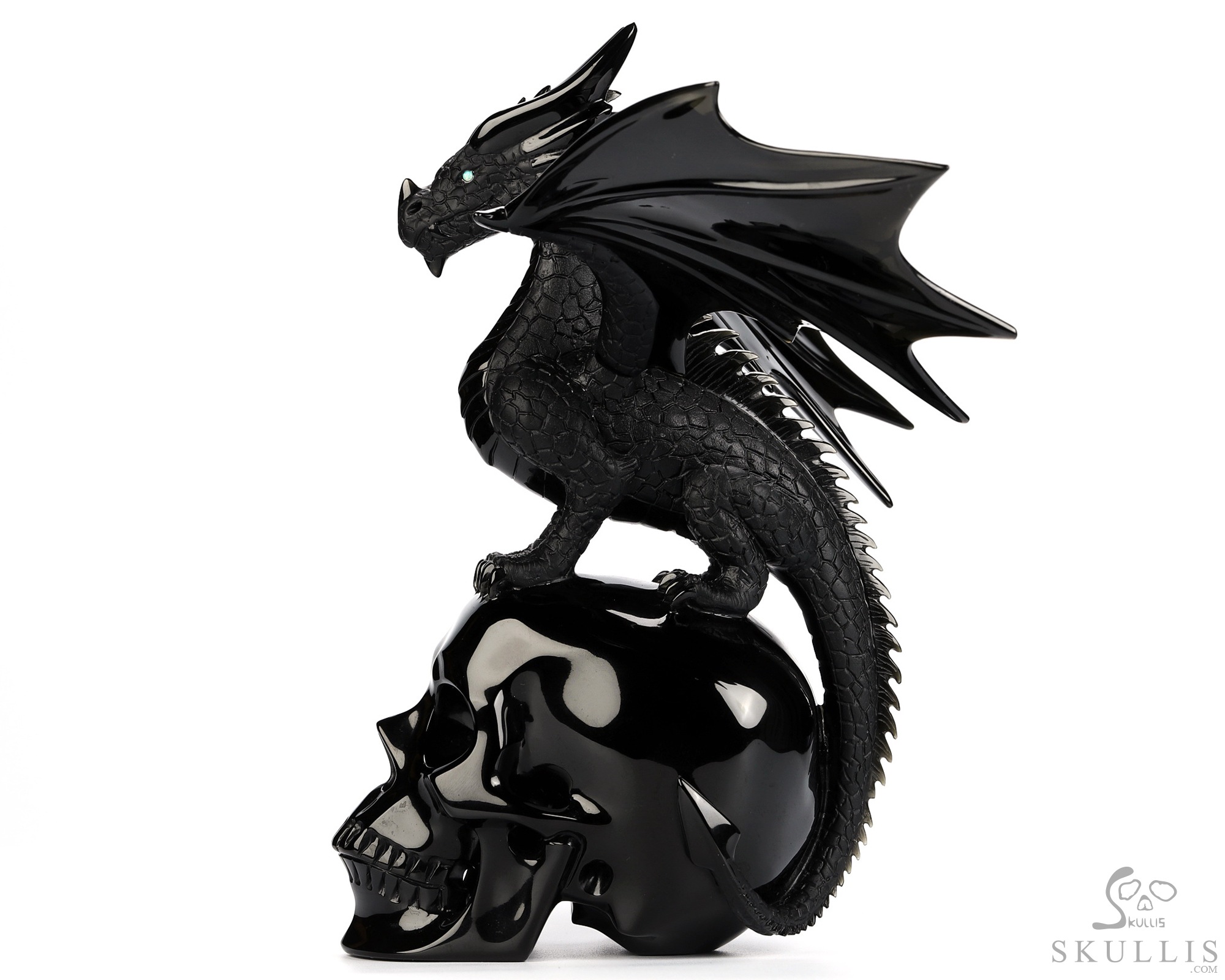 11.8" Black Obsidian Hand Carved Crystal Skull and Dragon, Detachable Wings, Fine Art Sculpture, Crystal Healing 11.8" Black Obsidian Hand Carved Crystal Skull and Dragon, Detachable Wings, Fine Art Sculpture, Crystal Healing