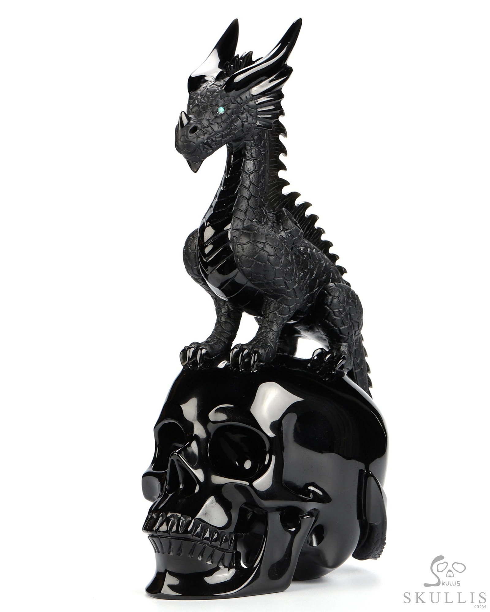 11.8" Black Obsidian Hand Carved Crystal Skull and Dragon, Detachable Wings, Fine Art Sculpture, Crystal Healing 11.8" Black Obsidian Hand Carved Crystal Skull and Dragon, Detachable Wings, Fine Art Sculpture, Crystal Healing