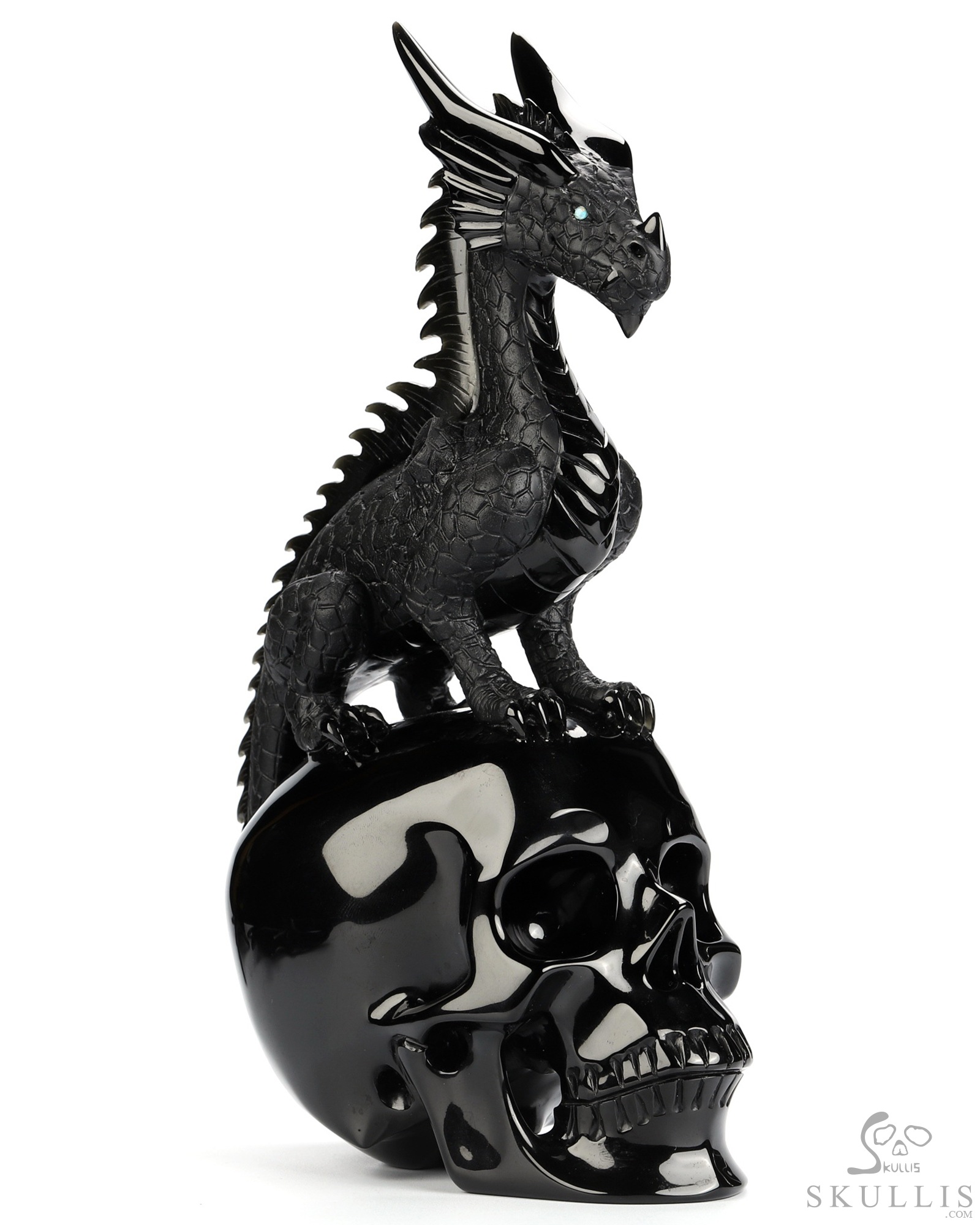 11.8" Black Obsidian Hand Carved Crystal Skull and Dragon, Detachable Wings, Fine Art Sculpture, Crystal Healing 11.8" Black Obsidian Hand Carved Crystal Skull and Dragon, Detachable Wings, Fine Art Sculpture, Crystal Healing