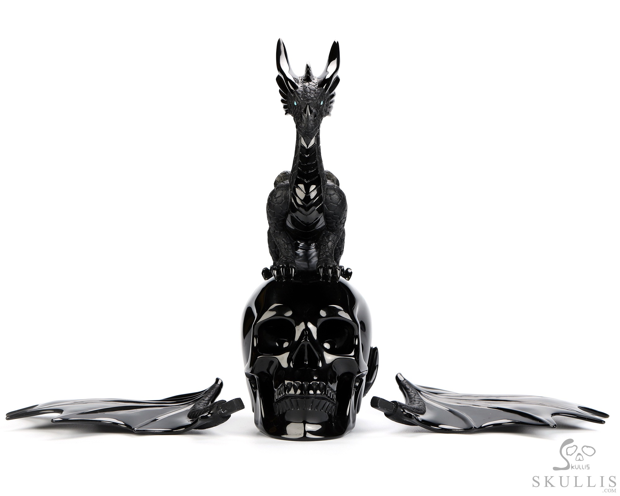11.8" Black Obsidian Hand Carved Crystal Skull and Dragon, Detachable Wings, Fine Art Sculpture, Crystal Healing 11.8" Black Obsidian Hand Carved Crystal Skull and Dragon, Detachable Wings, Fine Art Sculpture, Crystal Healing