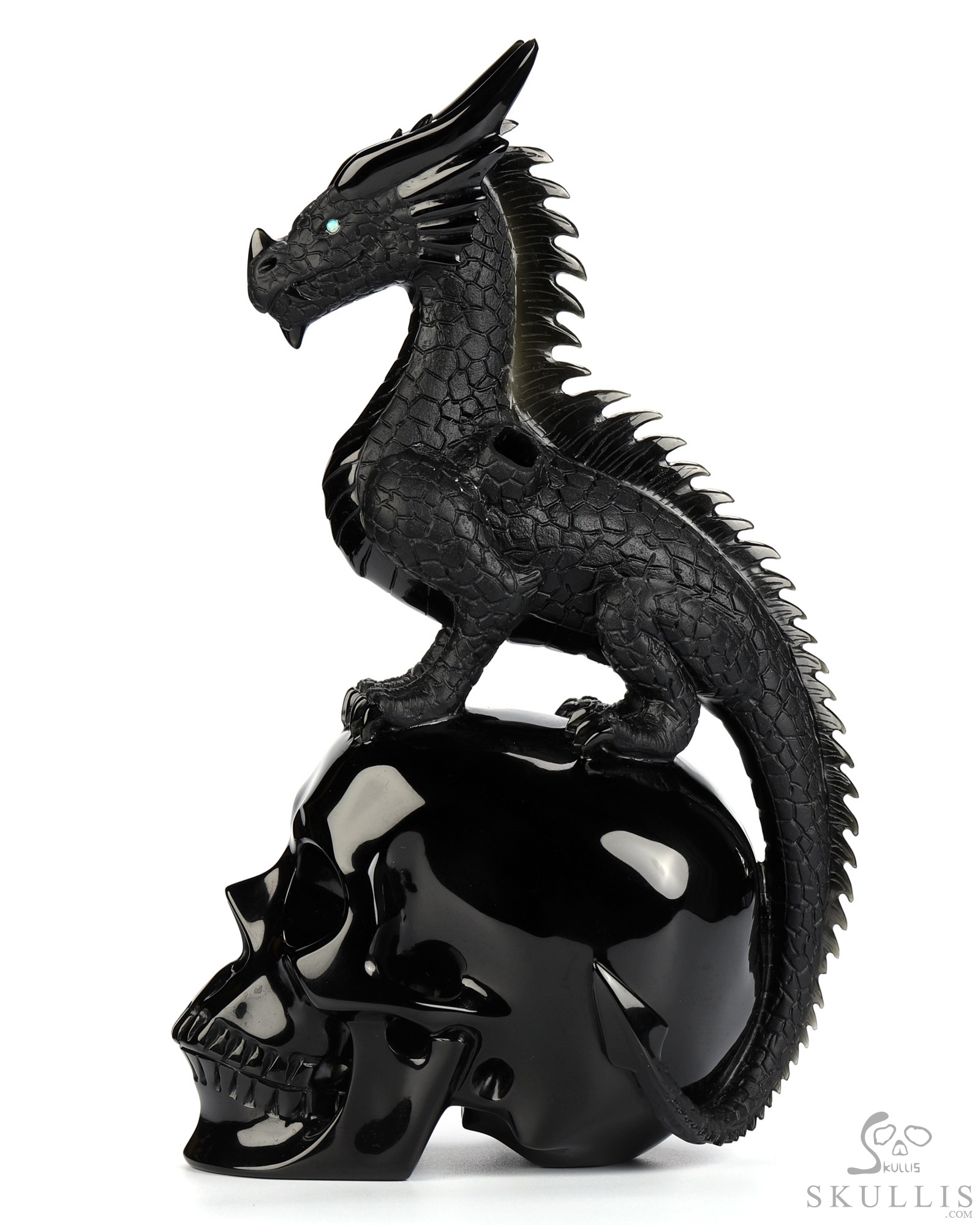 11.8" Black Obsidian Hand Carved Crystal Skull and Dragon, Detachable Wings, Fine Art Sculpture, Crystal Healing 11.8" Black Obsidian Hand Carved Crystal Skull and Dragon, Detachable Wings, Fine Art Sculpture, Crystal Healing