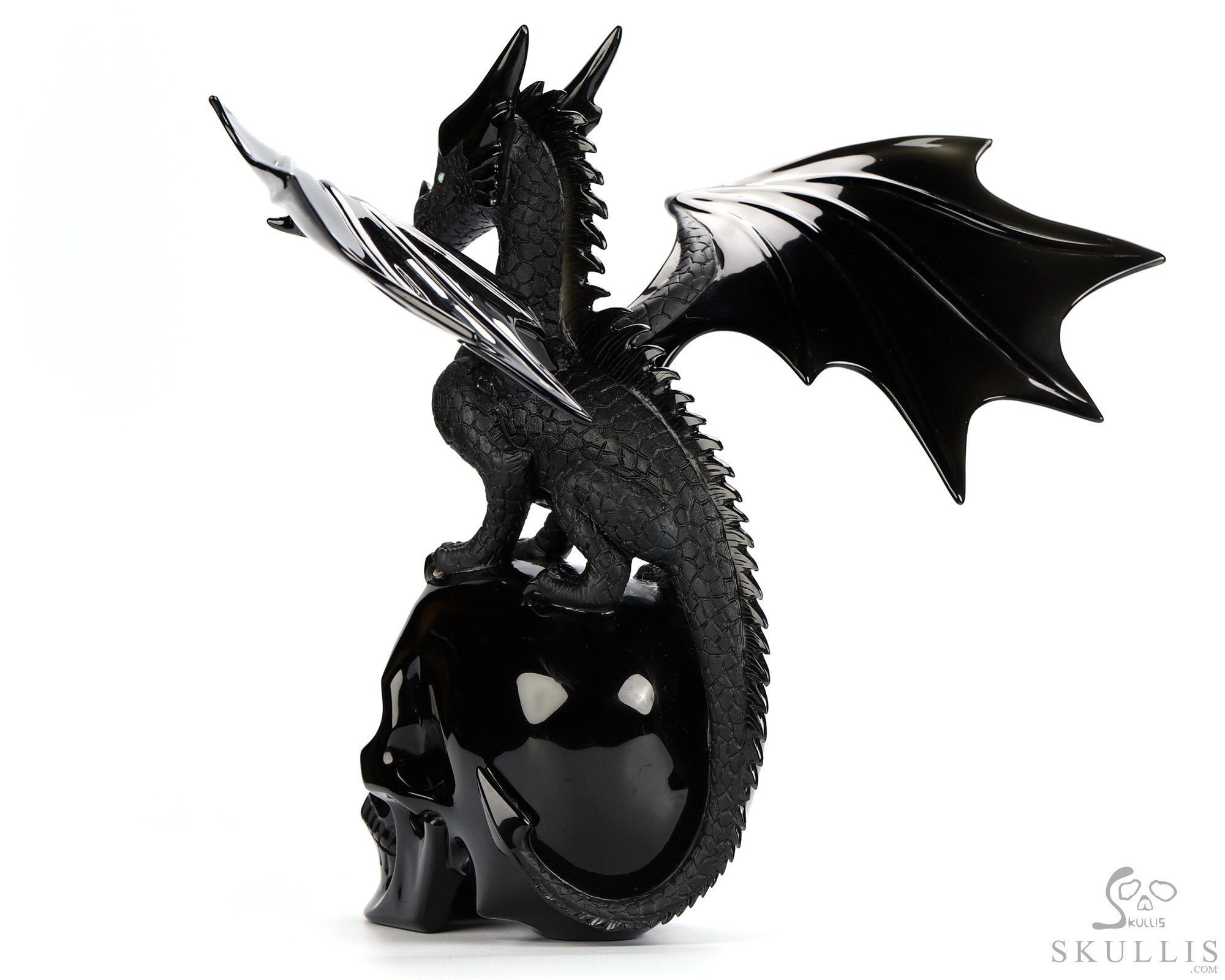 11.8" Black Obsidian Hand Carved Crystal Skull and Dragon, Detachable Wings, Fine Art Sculpture, Crystal Healing 11.8" Black Obsidian Hand Carved Crystal Skull and Dragon, Detachable Wings, Fine Art Sculpture, Crystal Healing