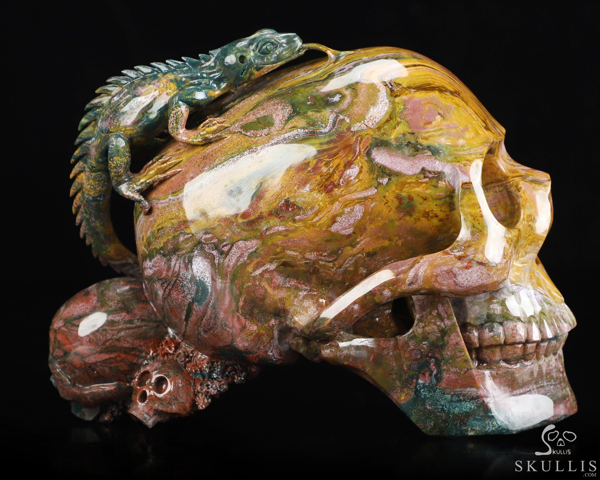6.6" Ocean Jasper Hand Carved Crystal Skull and Lizard Fine Art Sculpture, Crystal Healing 6.6" Ocean Jasper Hand Carved Crystal Skull and Lizard Fine Art Sculpture, Crystal Healing