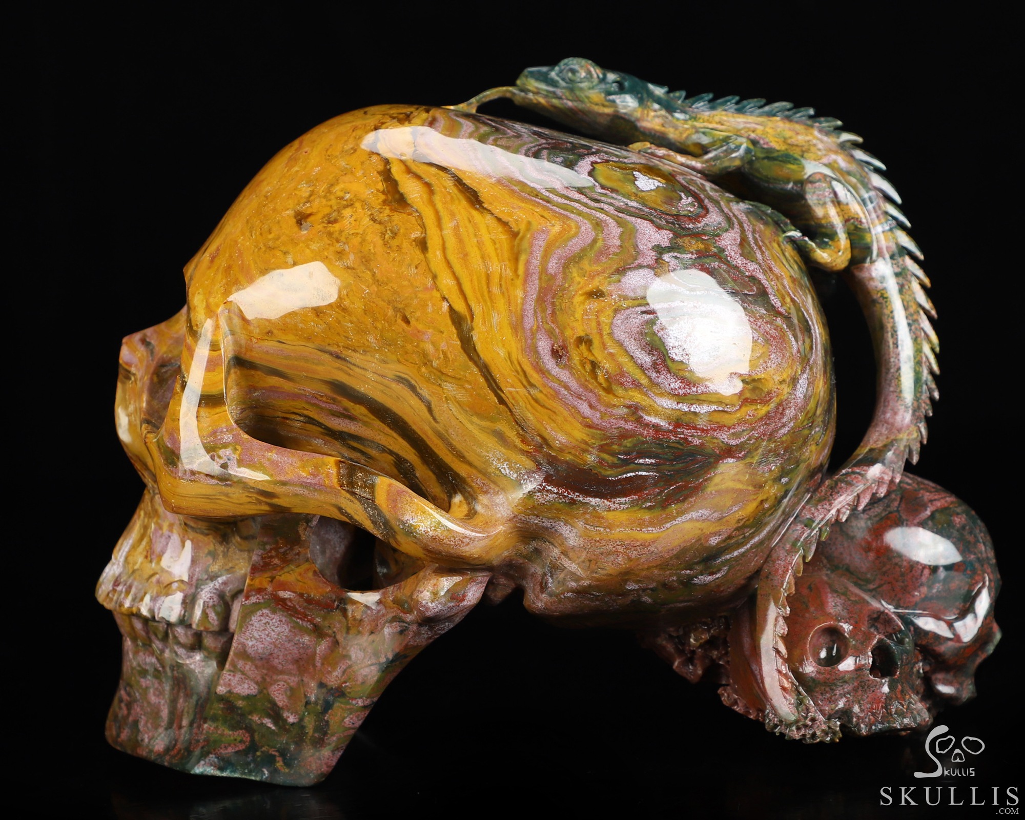 6.6" Ocean Jasper Hand Carved Crystal Skull and Lizard Fine Art Sculpture, Crystal Healing 6.6" Ocean Jasper Hand Carved Crystal Skull and Lizard Fine Art Sculpture, Crystal Healing