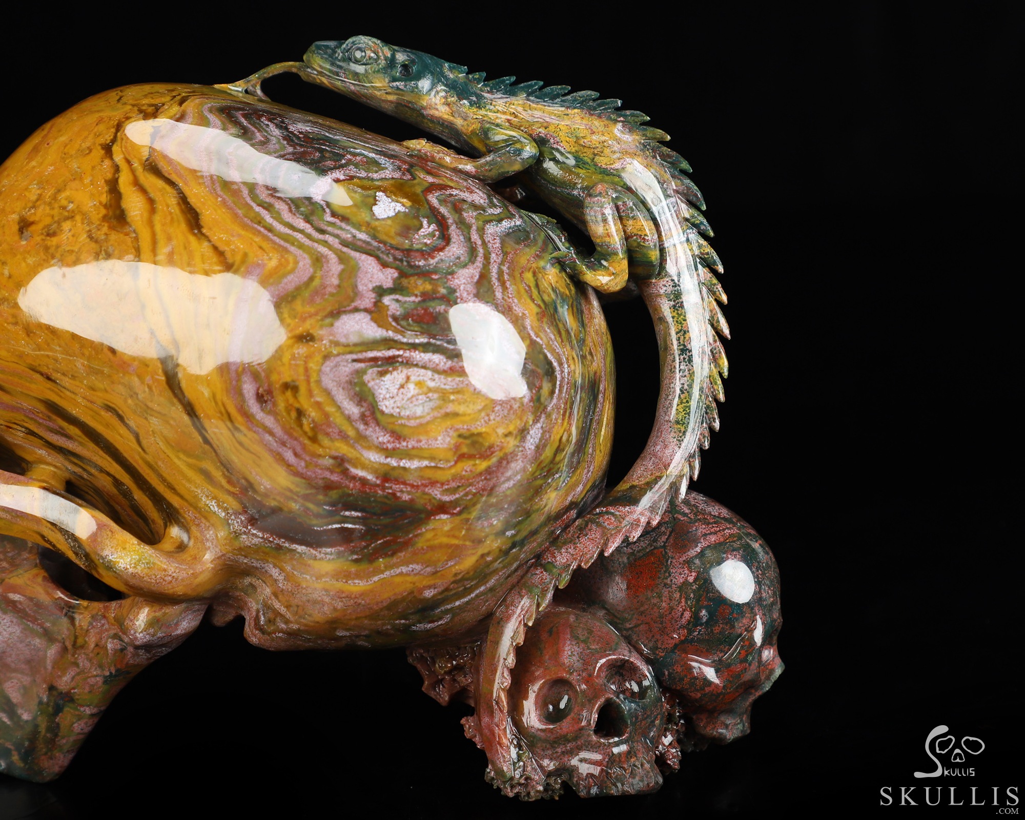 6.6" Ocean Jasper Hand Carved Crystal Skull and Lizard Fine Art Sculpture, Crystal Healing 6.6" Ocean Jasper Hand Carved Crystal Skull and Lizard Fine Art Sculpture, Crystal Healing