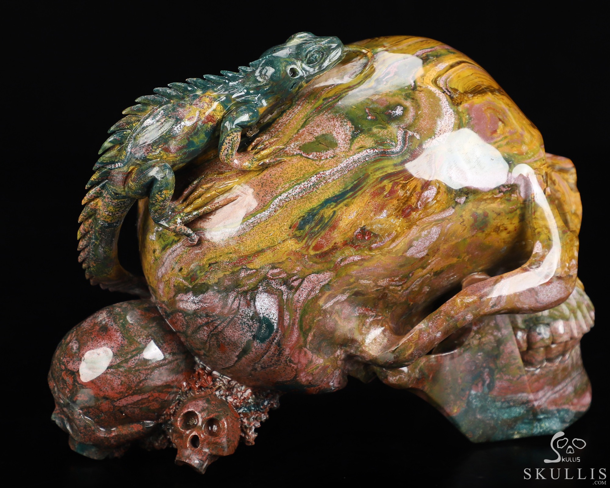 6.6" Ocean Jasper Hand Carved Crystal Skull and Lizard Fine Art Sculpture, Crystal Healing 6.6" Ocean Jasper Hand Carved Crystal Skull and Lizard Fine Art Sculpture, Crystal Healing