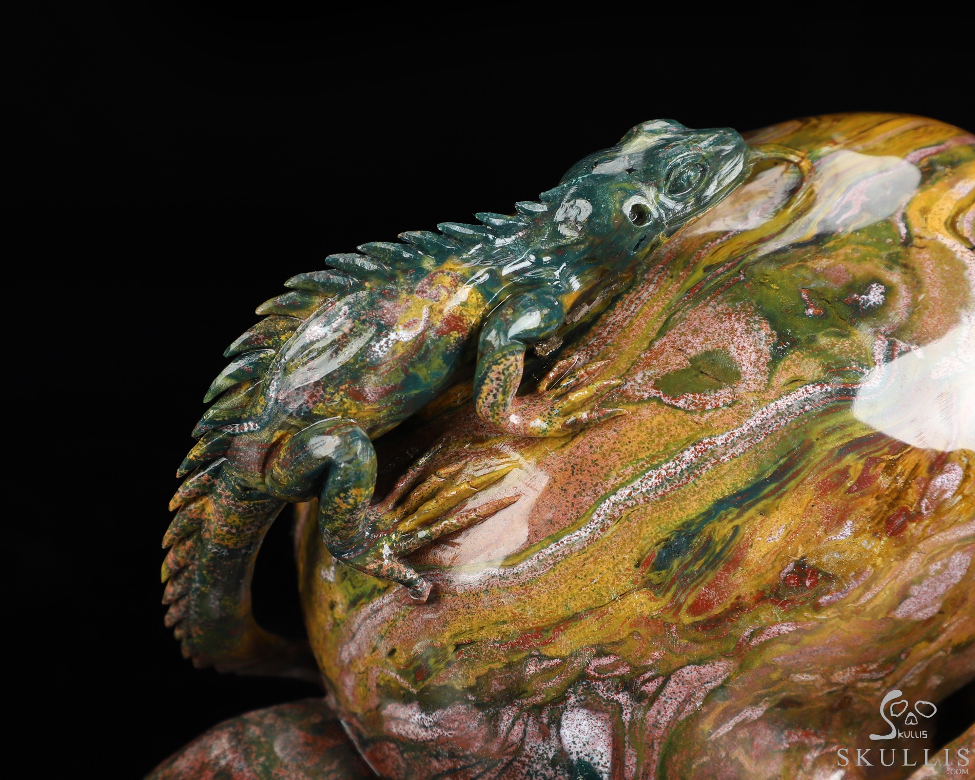 6.6" Ocean Jasper Hand Carved Crystal Skull and Lizard Fine Art Sculpture, Crystal Healing 6.6" Ocean Jasper Hand Carved Crystal Skull and Lizard Fine Art Sculpture, Crystal Healing