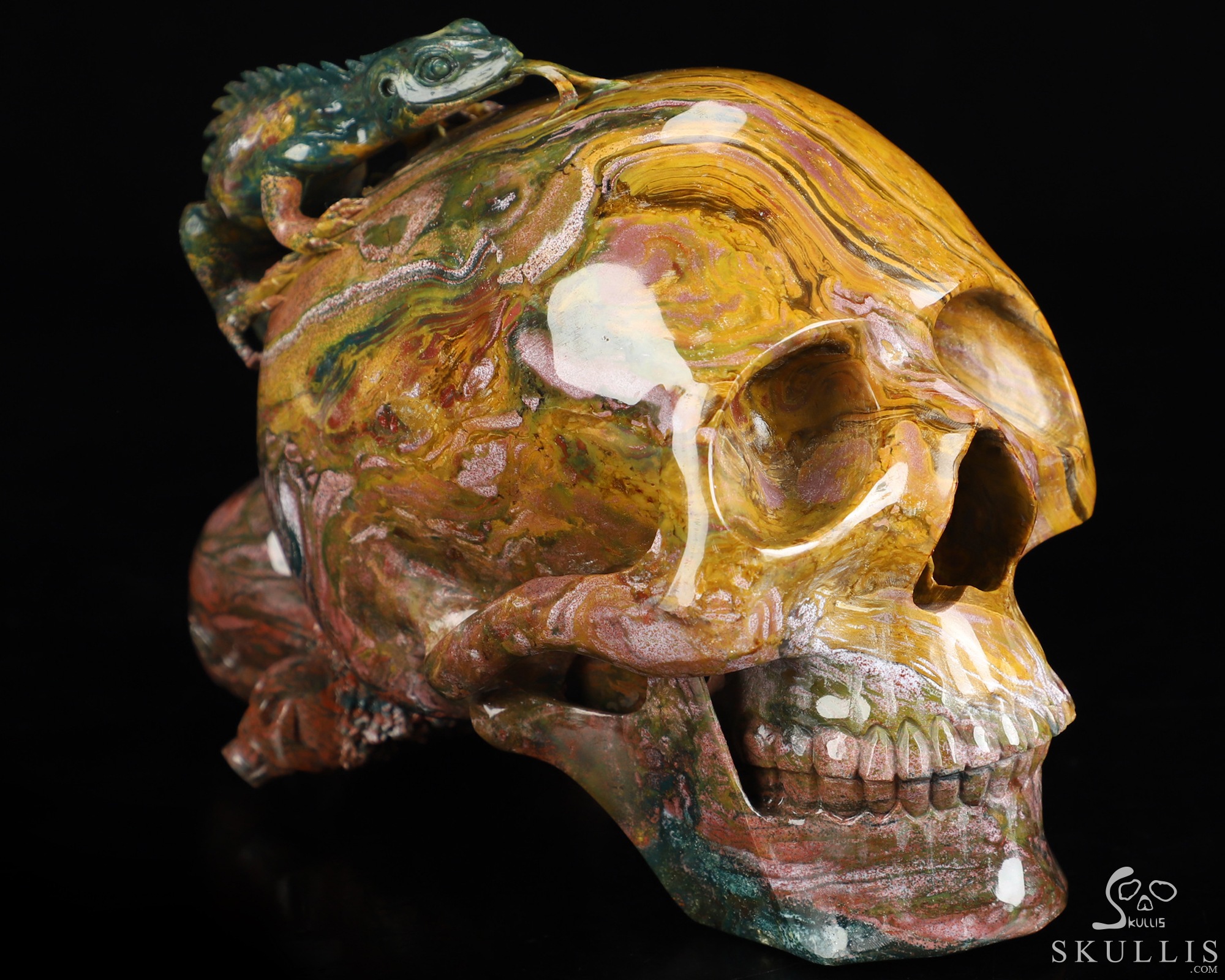 6.6" Ocean Jasper Hand Carved Crystal Skull and Lizard Fine Art Sculpture, Crystal Healing 6.6" Ocean Jasper Hand Carved Crystal Skull and Lizard Fine Art Sculpture, Crystal Healing