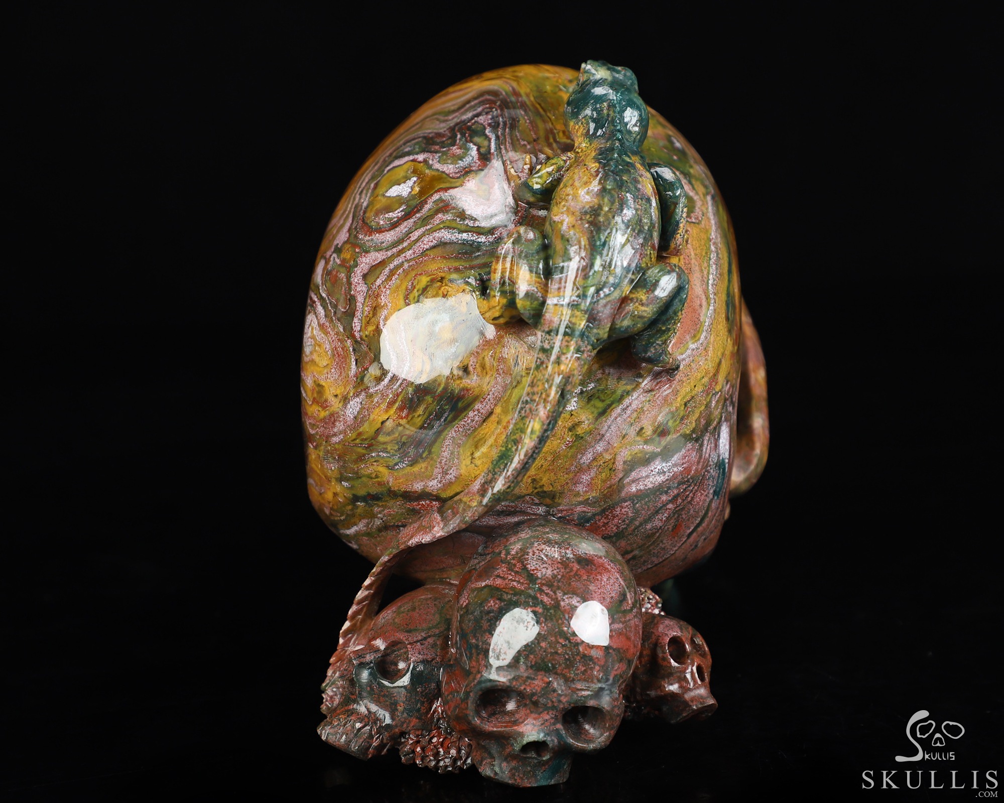 6.6" Ocean Jasper Hand Carved Crystal Skull and Lizard Fine Art Sculpture, Crystal Healing 6.6" Ocean Jasper Hand Carved Crystal Skull and Lizard Fine Art Sculpture, Crystal Healing