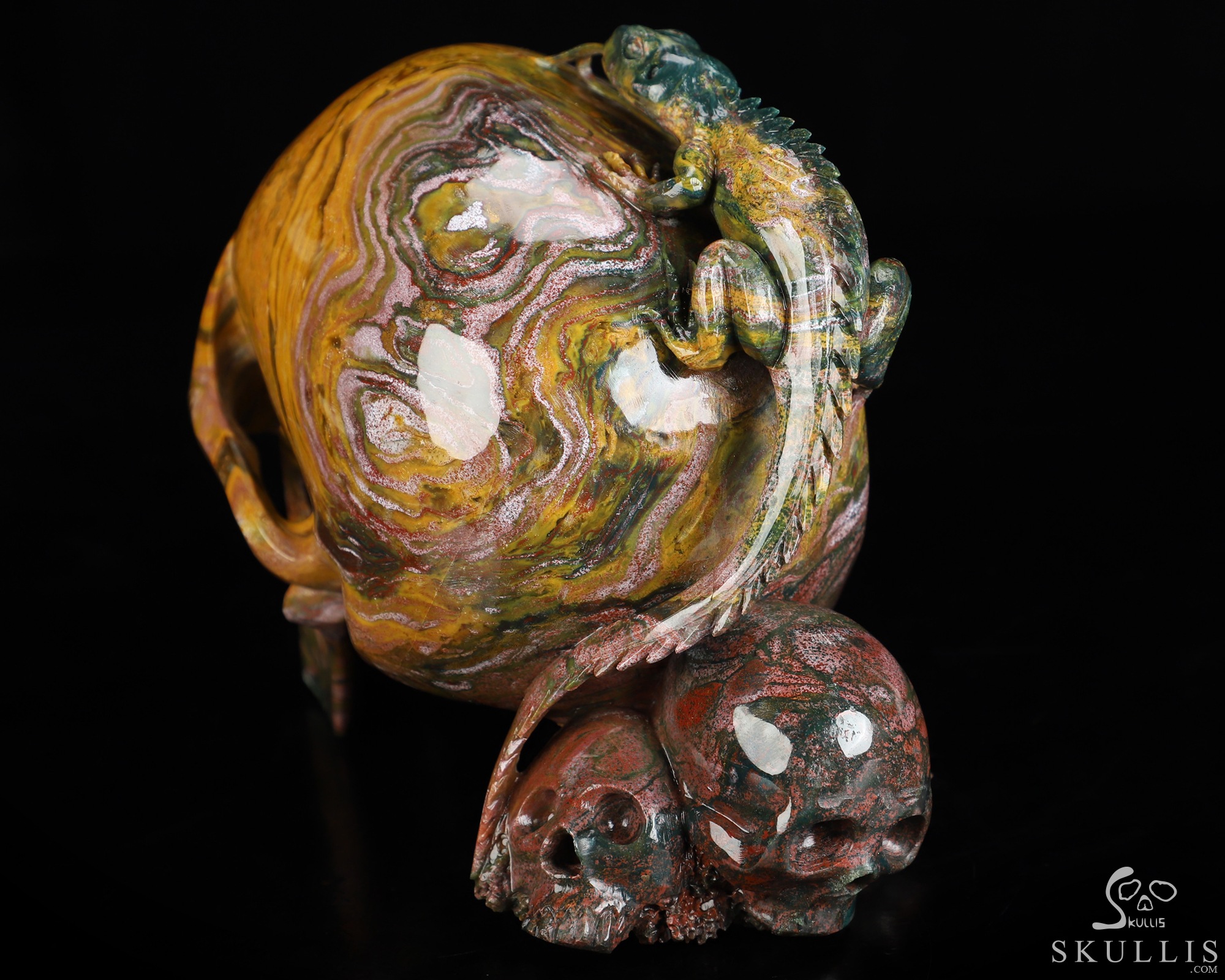 6.6" Ocean Jasper Hand Carved Crystal Skull and Lizard Fine Art Sculpture, Crystal Healing 6.6" Ocean Jasper Hand Carved Crystal Skull and Lizard Fine Art Sculpture, Crystal Healing