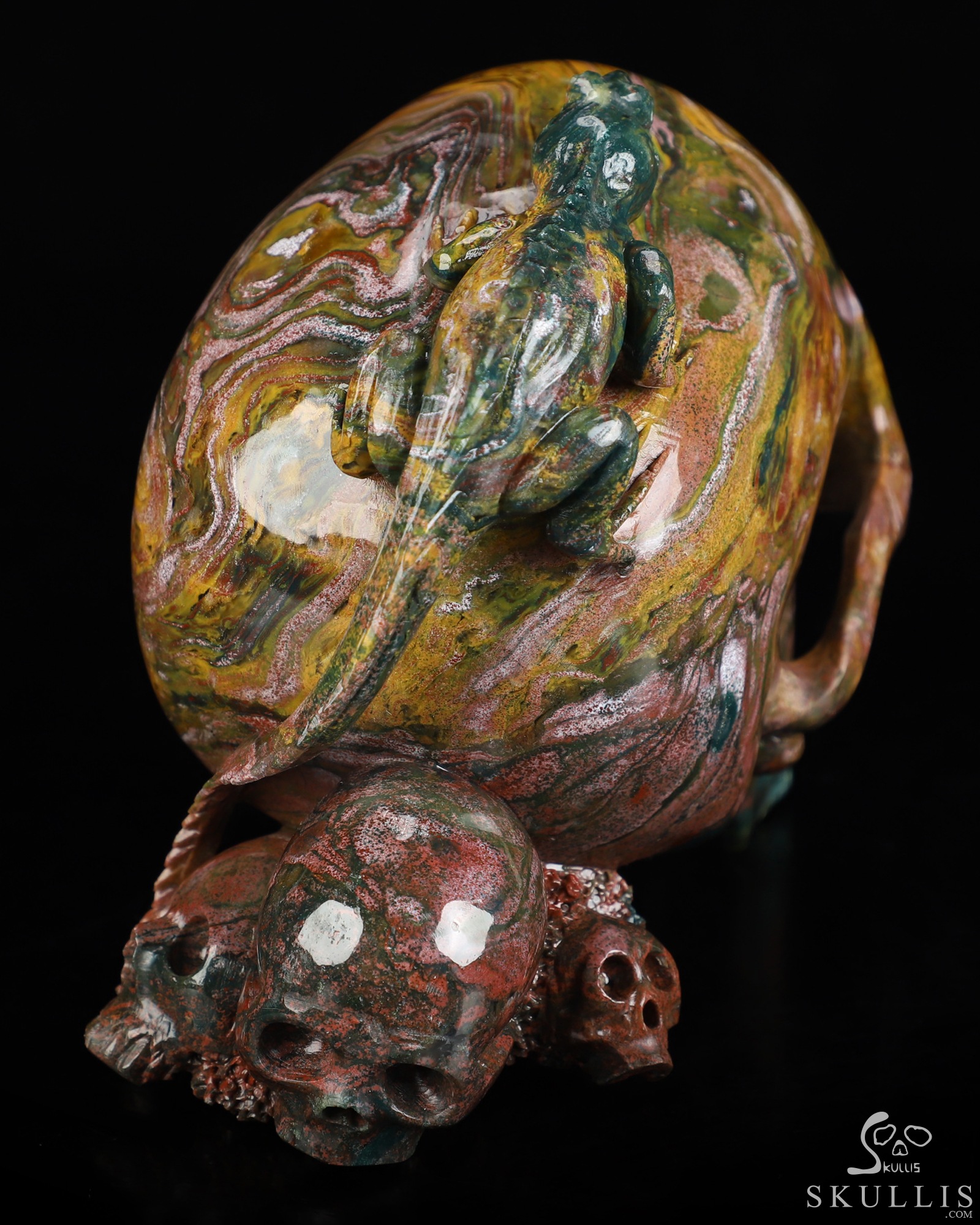 6.6" Ocean Jasper Hand Carved Crystal Skull and Lizard Fine Art Sculpture, Crystal Healing 6.6" Ocean Jasper Hand Carved Crystal Skull and Lizard Fine Art Sculpture, Crystal Healing
