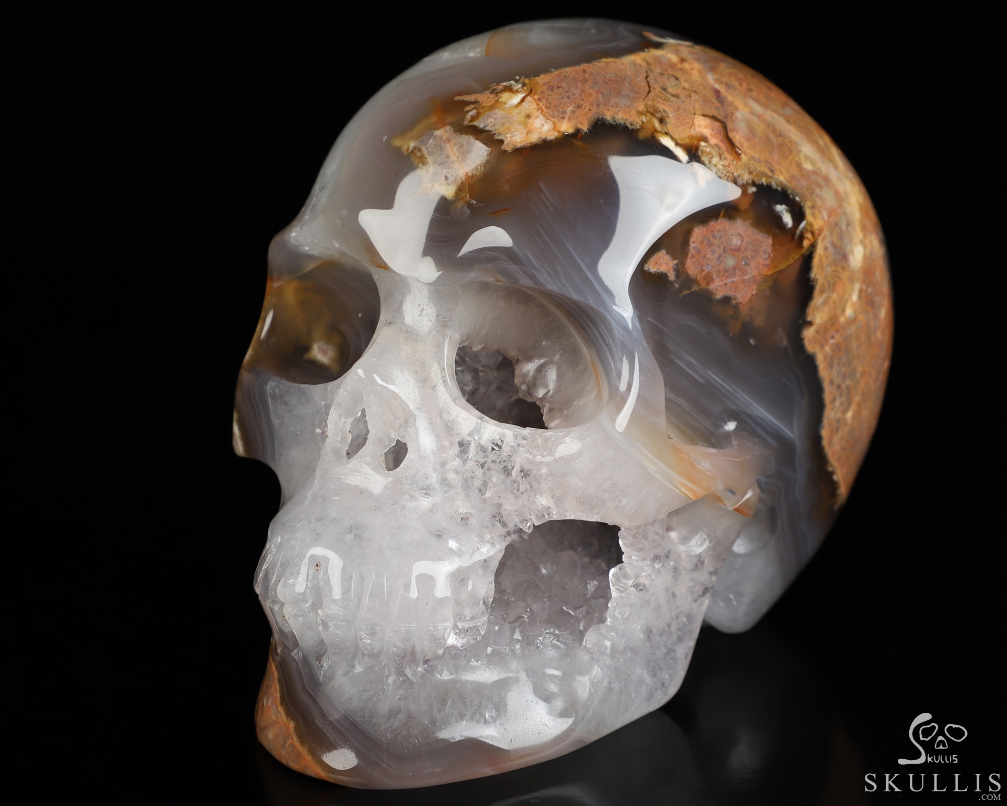 4.5" Dinosaur Egg Agate Geode Hand Carved Crystal Skull, Realistic, Crystal Healing 4.5" Dinosaur Egg Agate Geode Hand Carved Crystal Skull, Realistic, Crystal Healing