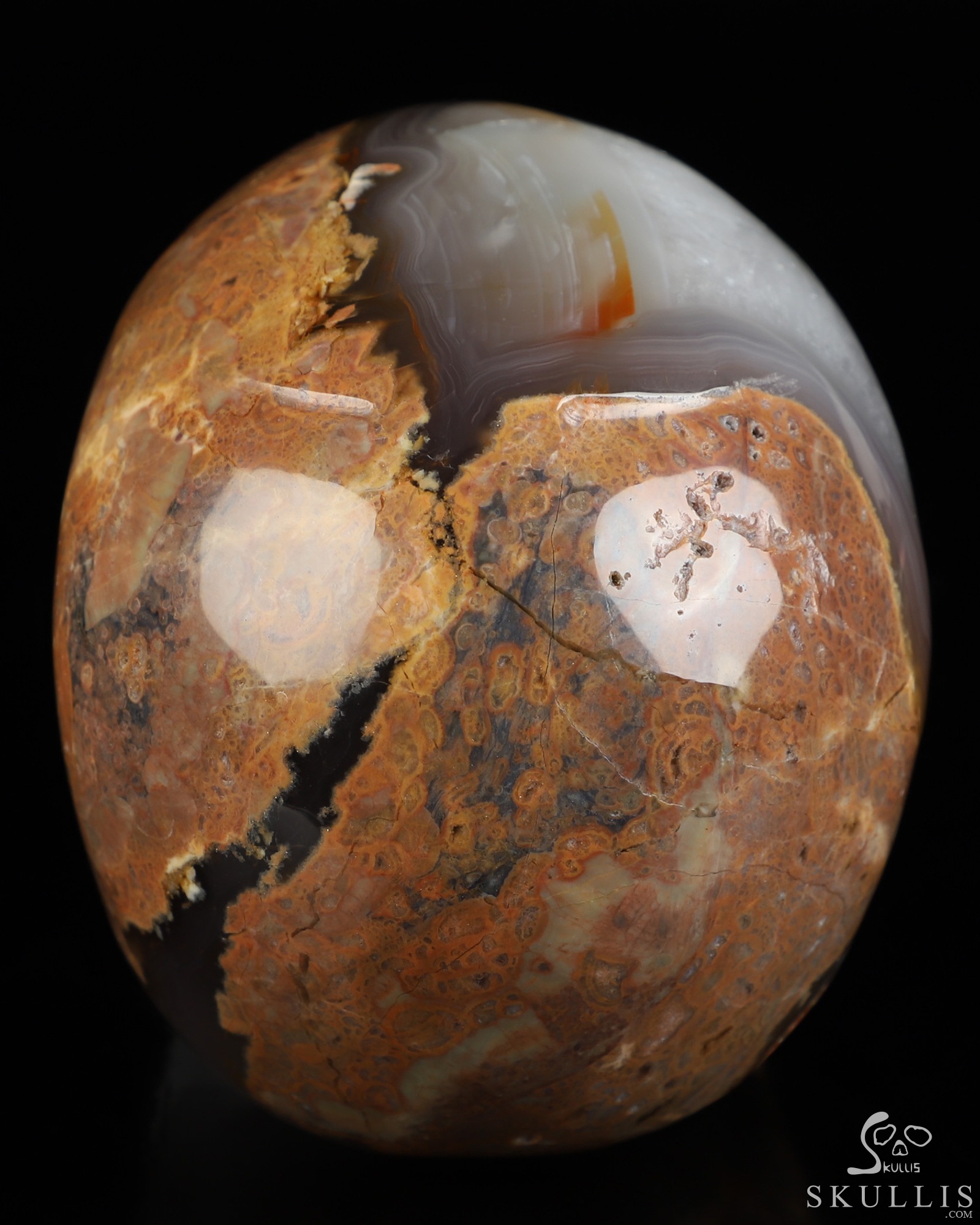 4.5" Dinosaur Egg Agate Geode Hand Carved Crystal Skull, Realistic, Crystal Healing 4.5" Dinosaur Egg Agate Geode Hand Carved Crystal Skull, Realistic, Crystal Healing