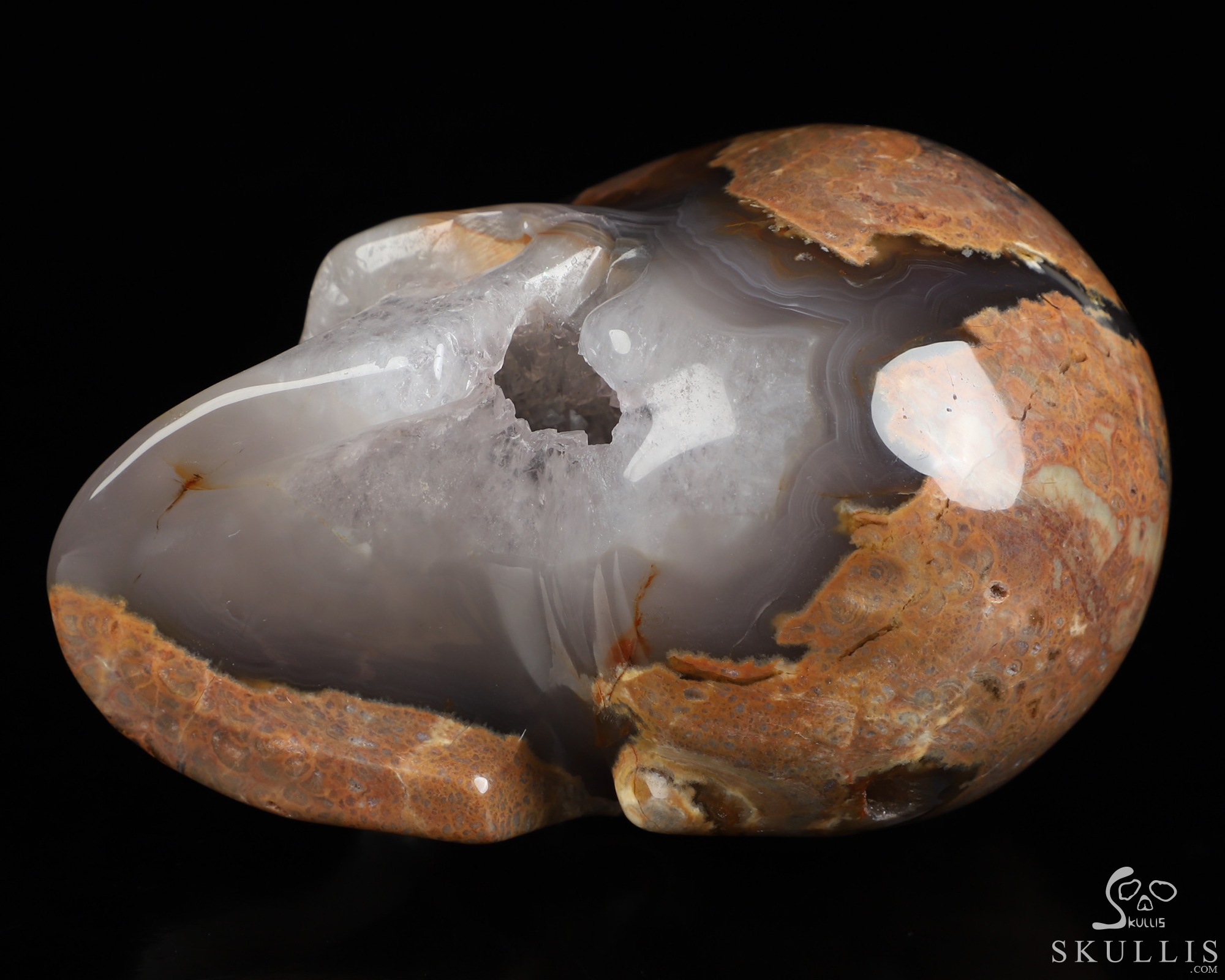 4.5" Dinosaur Egg Agate Geode Hand Carved Crystal Skull, Realistic, Crystal Healing 4.5" Dinosaur Egg Agate Geode Hand Carved Crystal Skull, Realistic, Crystal Healing