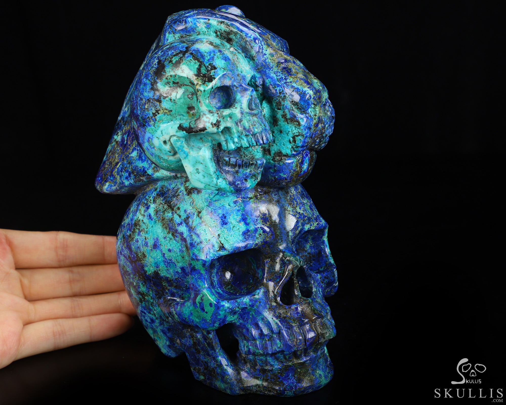 6.3" Azurite & Malachite Hand Carved Crystal Skull and Tiger Fine Art Sculpture, Crystal Healing 6.3" Azurite & Malachite Hand Carved Crystal Skull and Tiger Fine Art Sculpture, Crystal Healing