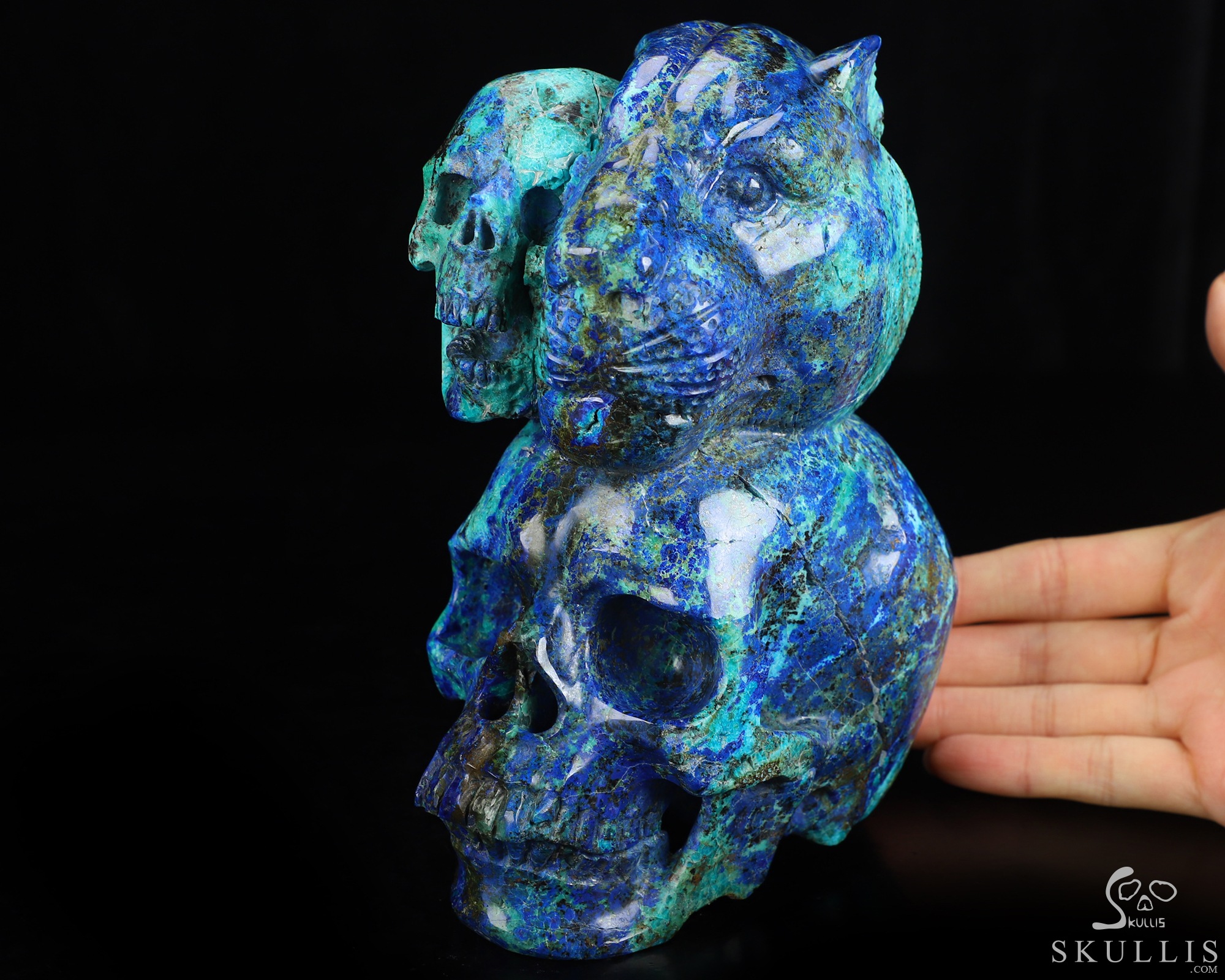 6.3" Azurite & Malachite Hand Carved Crystal Skull and Tiger Fine Art Sculpture, Crystal Healing 6.3" Azurite & Malachite Hand Carved Crystal Skull and Tiger Fine Art Sculpture, Crystal Healing