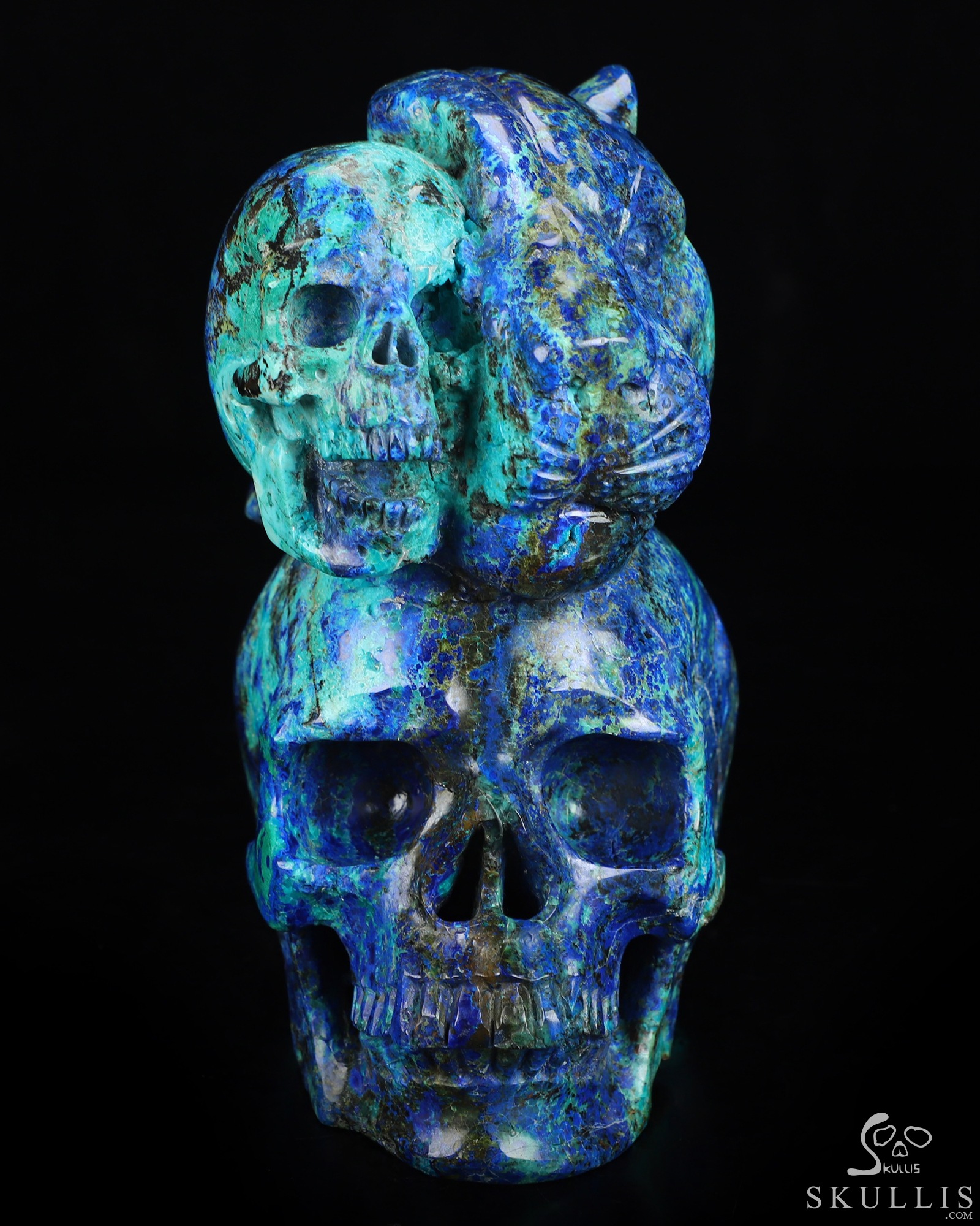 6.3" Azurite & Malachite Hand Carved Crystal Skull and Tiger Fine Art Sculpture, Crystal Healing 6.3" Azurite & Malachite Hand Carved Crystal Skull and Tiger Fine Art Sculpture, Crystal Healing