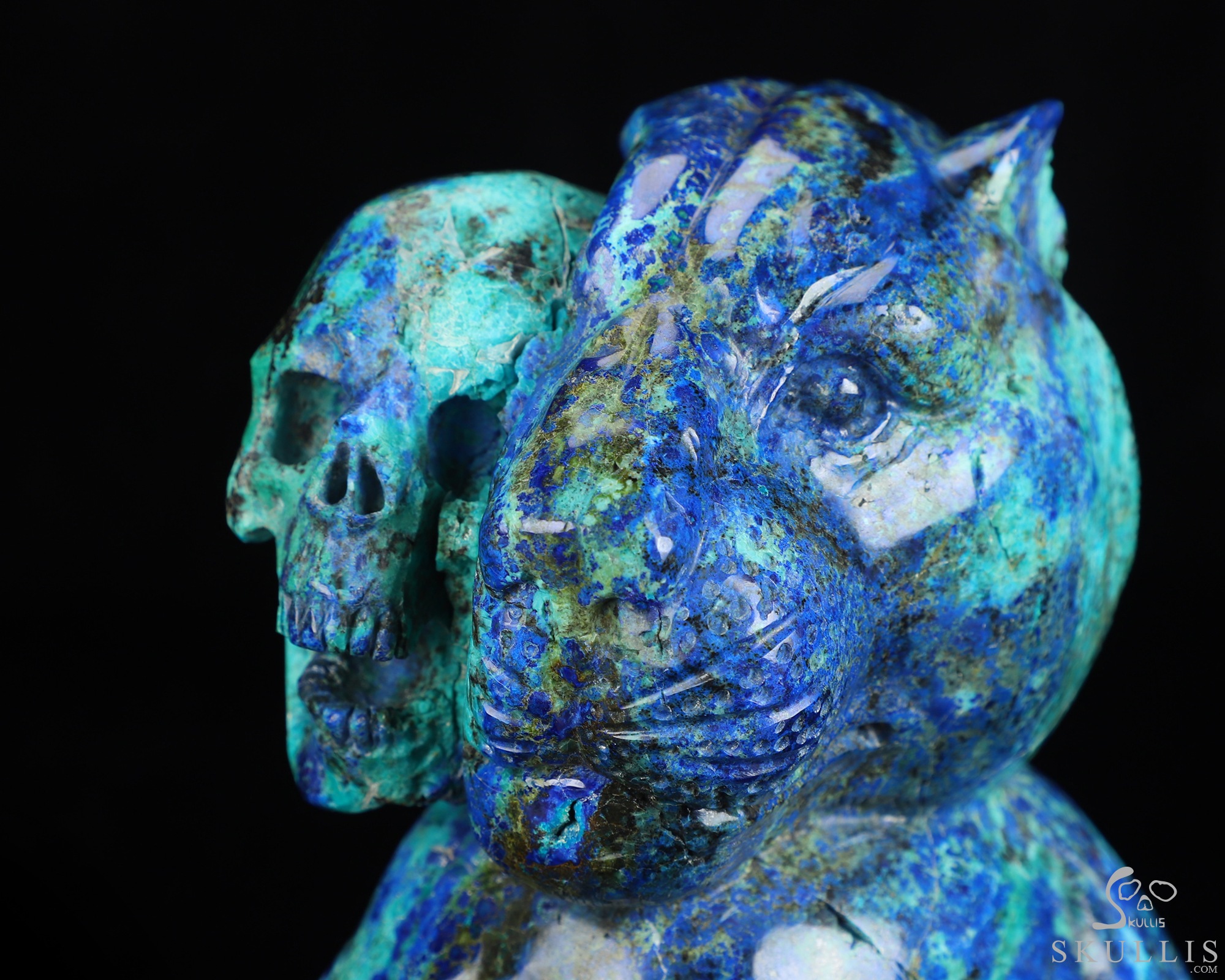 6.3" Azurite & Malachite Hand Carved Crystal Skull and Tiger Fine Art Sculpture, Crystal Healing 6.3" Azurite & Malachite Hand Carved Crystal Skull and Tiger Fine Art Sculpture, Crystal Healing