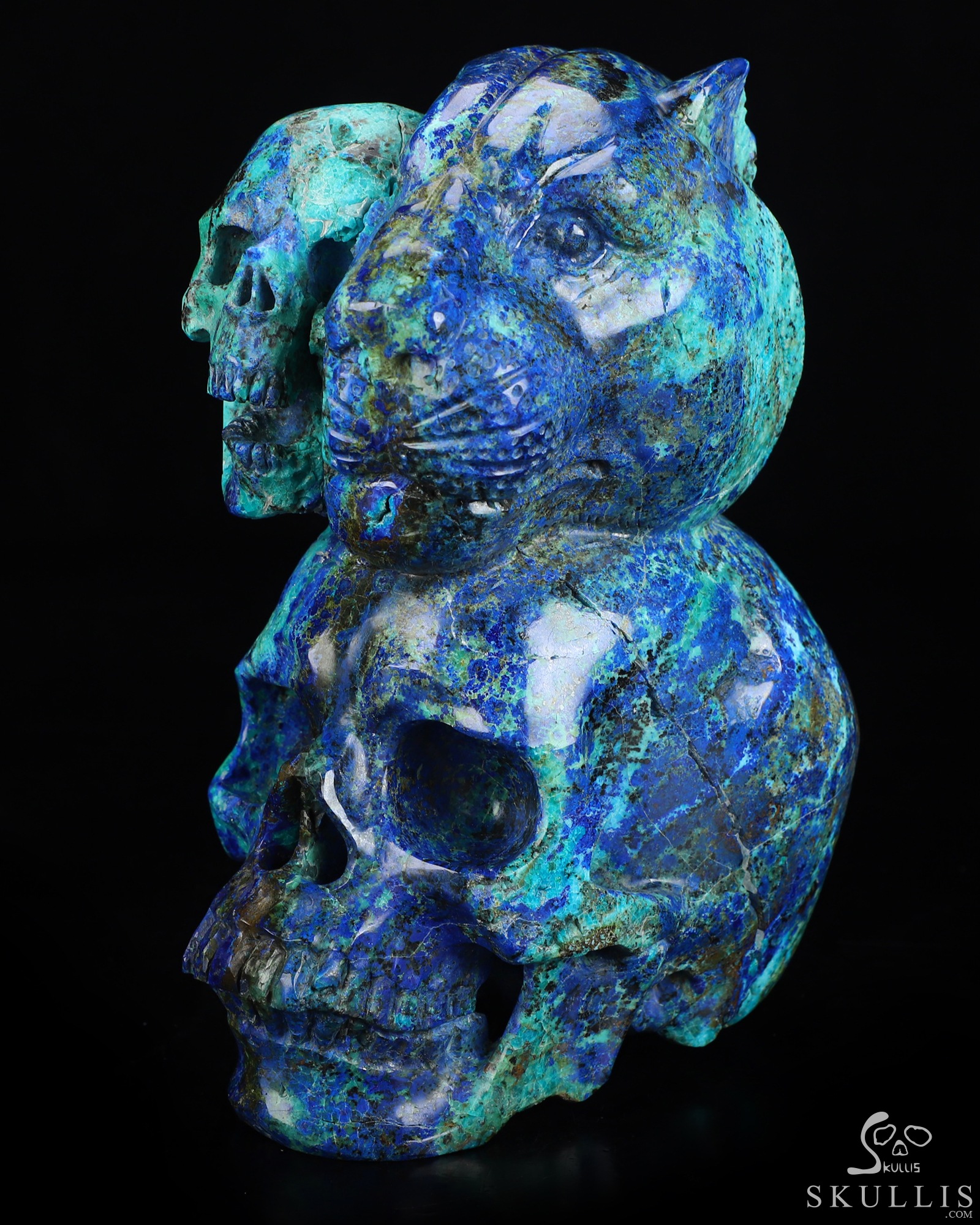 6.3" Azurite & Malachite Hand Carved Crystal Skull and Tiger Fine Art Sculpture, Crystal Healing 6.3" Azurite & Malachite Hand Carved Crystal Skull and Tiger Fine Art Sculpture, Crystal Healing