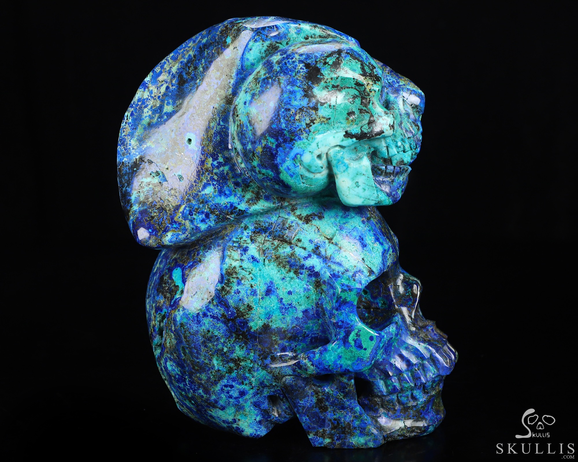 6.3" Azurite & Malachite Hand Carved Crystal Skull and Tiger Fine Art Sculpture, Crystal Healing 6.3" Azurite & Malachite Hand Carved Crystal Skull and Tiger Fine Art Sculpture, Crystal Healing