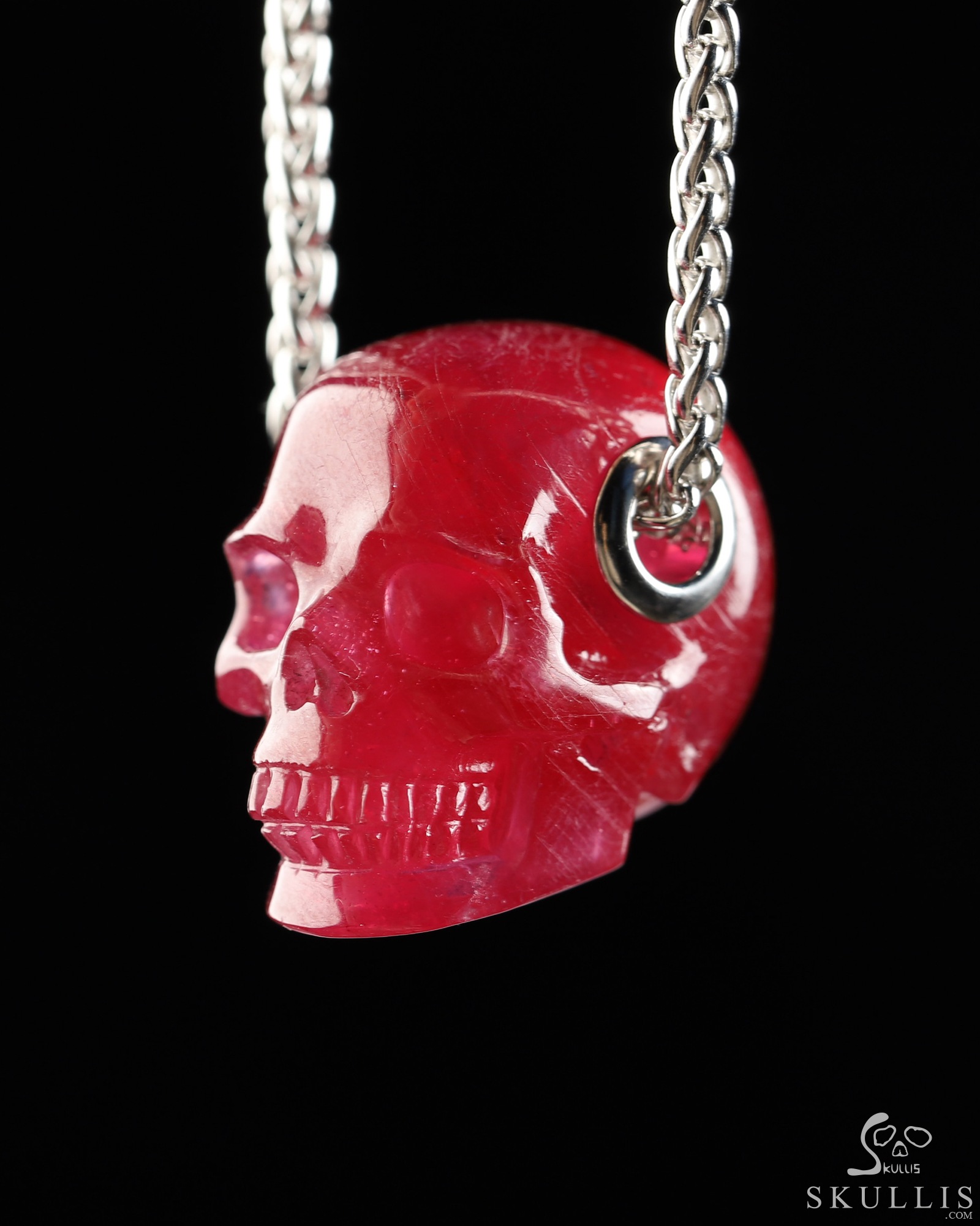 Necklace of 1.0" Ruby Hand Carved Crystal Skull Pendant, Skull Jewelry Necklace of 1.0" Ruby Hand Carved Crystal Skull Pendant, Skull Jewelry