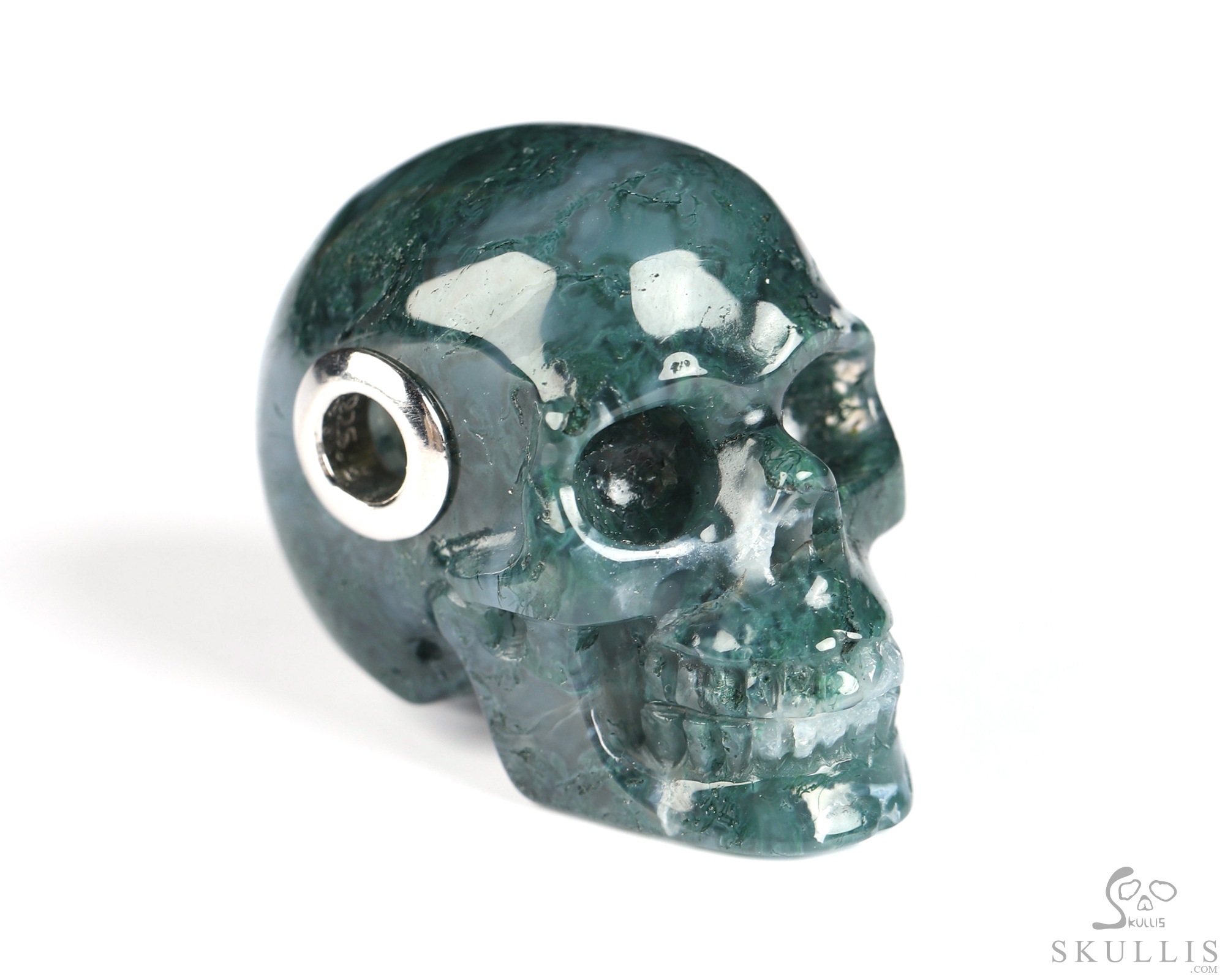 Necklace of 1.1" Green Moss Agate Hand Carved Crystal Skull Pendant, Skull Jewelry Necklace of 1.1" Green Moss Agate Hand Carved Crystal Skull Pendant, Skull Jewelry
