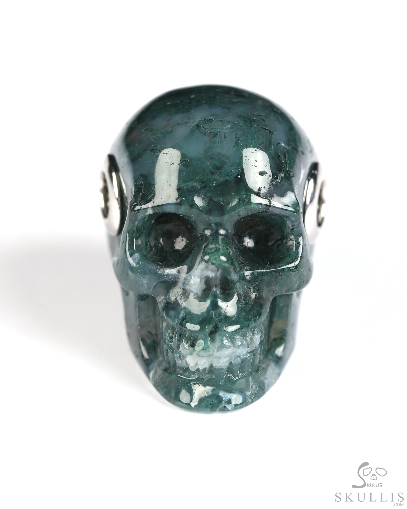 Necklace of 1.1" Green Moss Agate Hand Carved Crystal Skull Pendant, Skull Jewelry Necklace of 1.1" Green Moss Agate Hand Carved Crystal Skull Pendant, Skull Jewelry