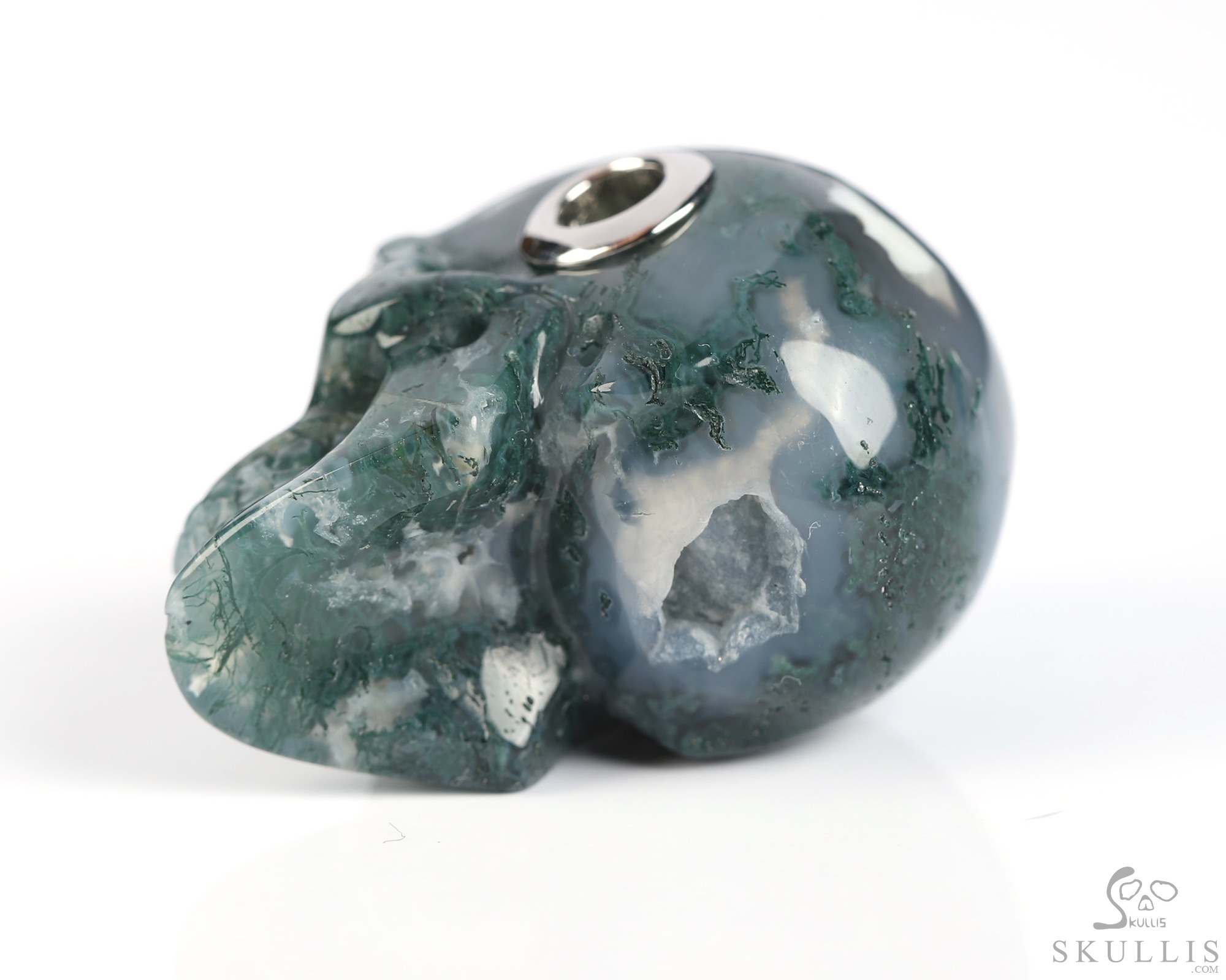 Necklace of 1.1" Green Moss Agate Hand Carved Crystal Skull Pendant, Skull Jewelry Necklace of 1.1" Green Moss Agate Hand Carved Crystal Skull Pendant, Skull Jewelry